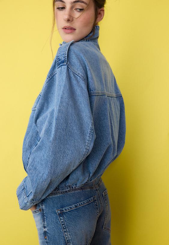 Stradivarius Balloon Denim Jacket Medium Light Blue Denim L