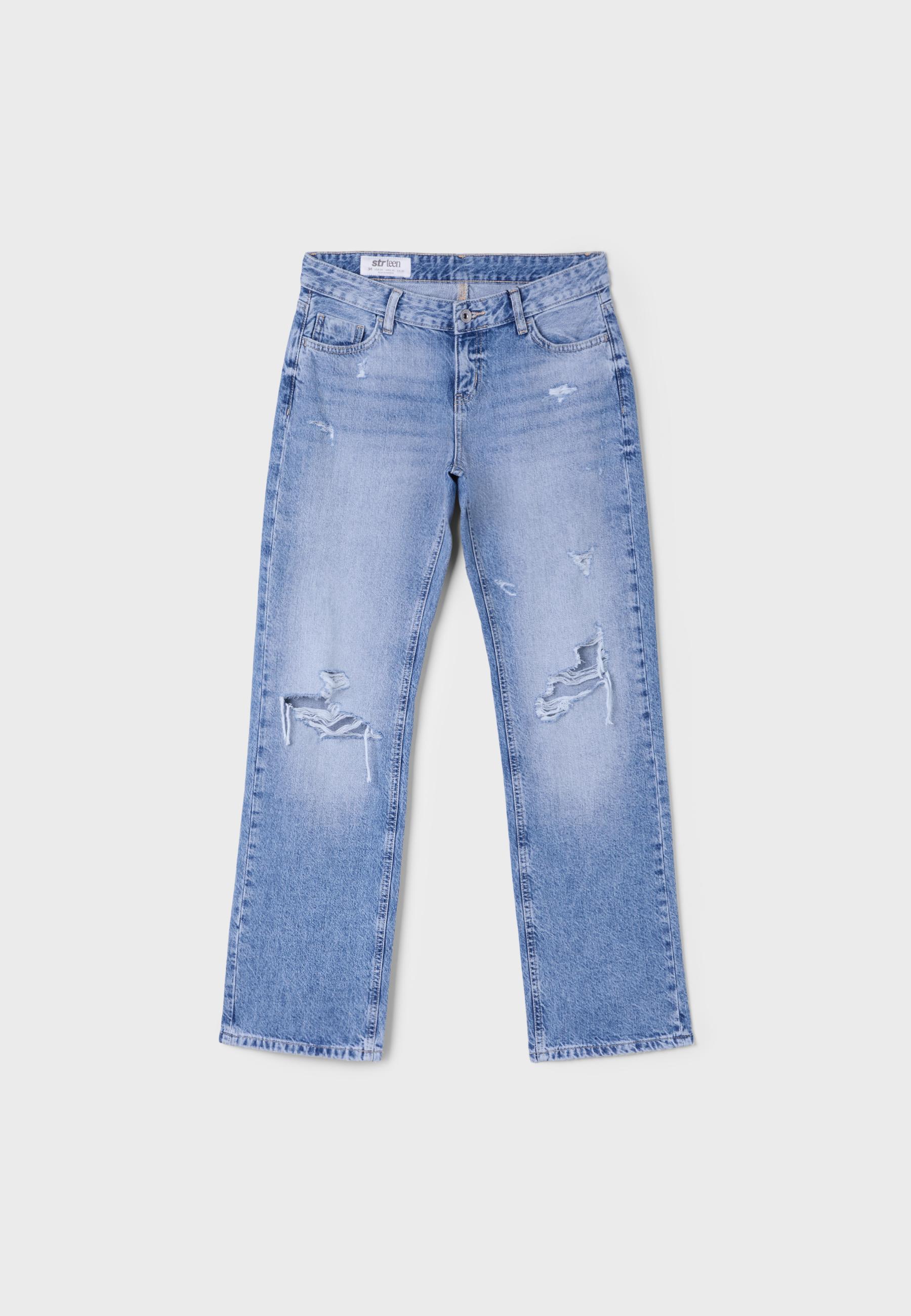 Low-rise ripped straight jeans — MEDIUM LIGHT BLUE DENIM