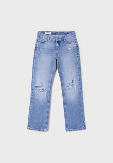Ripped low-rise straight jeans — MEDIUM LIGHT BLUE DENIM 8