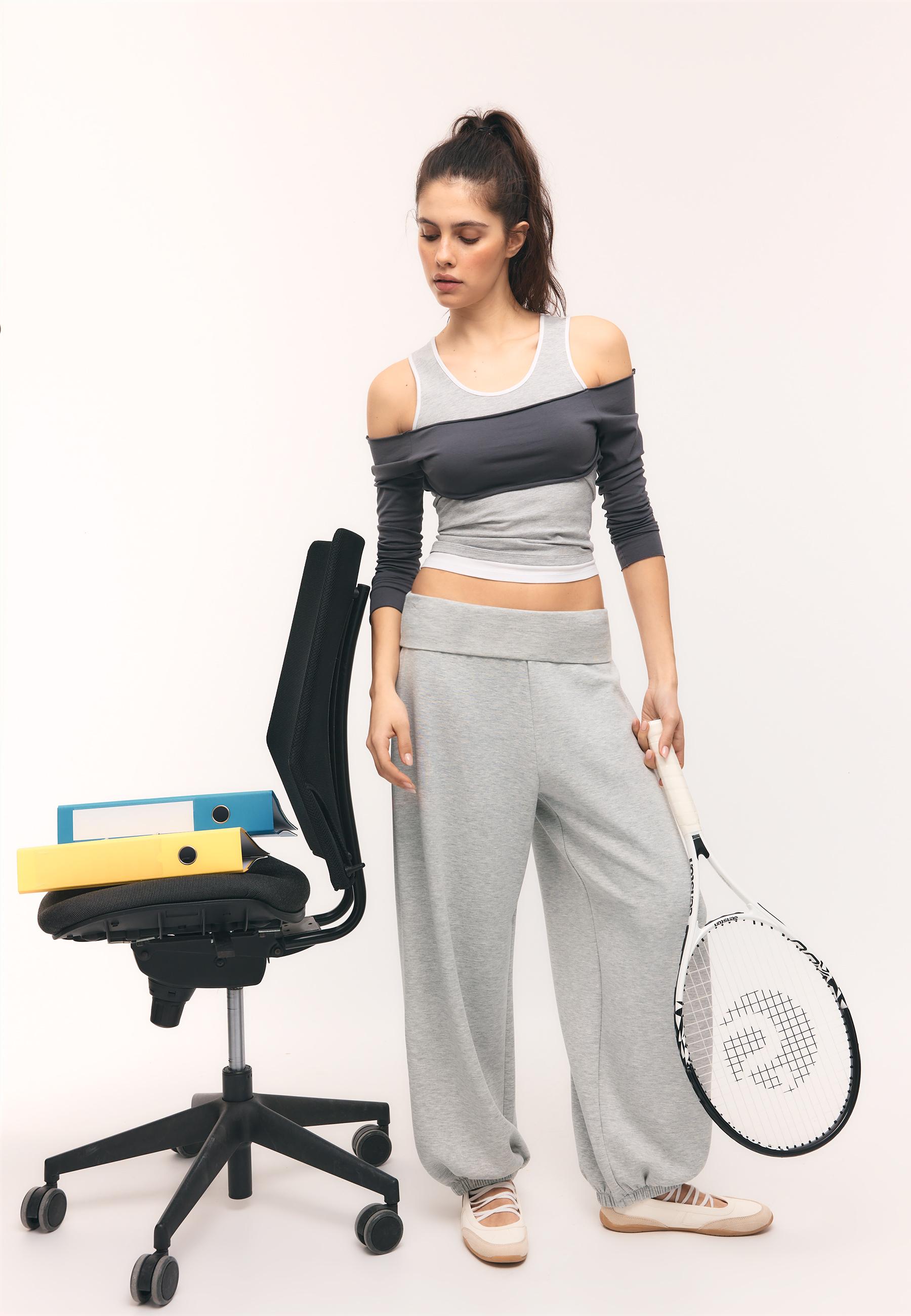 Soft-touch balloon jogger trousers with turn-up waist — Grey melange