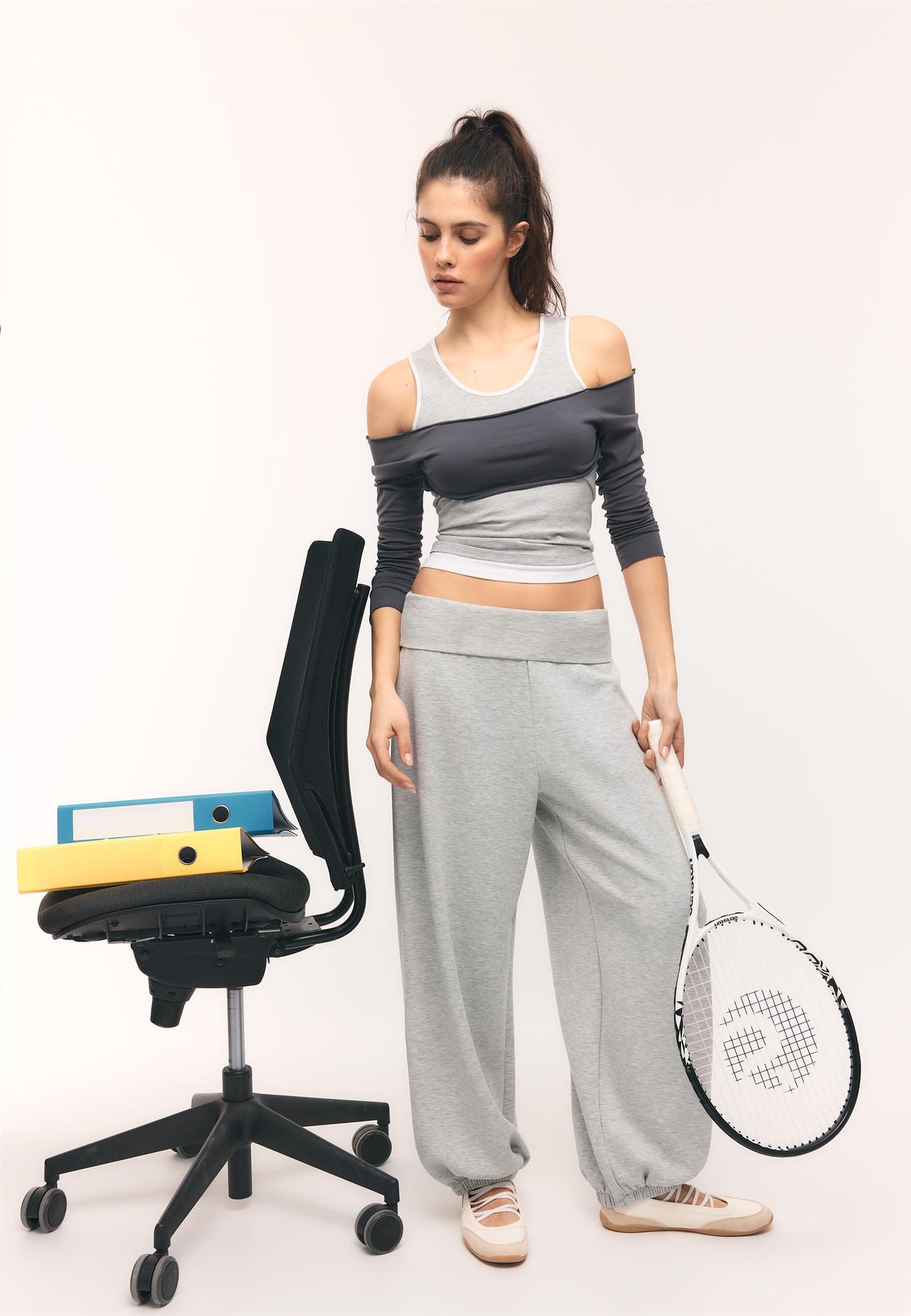 Soft-touch balloon jogger trousers with turn-up waist — Grey melange