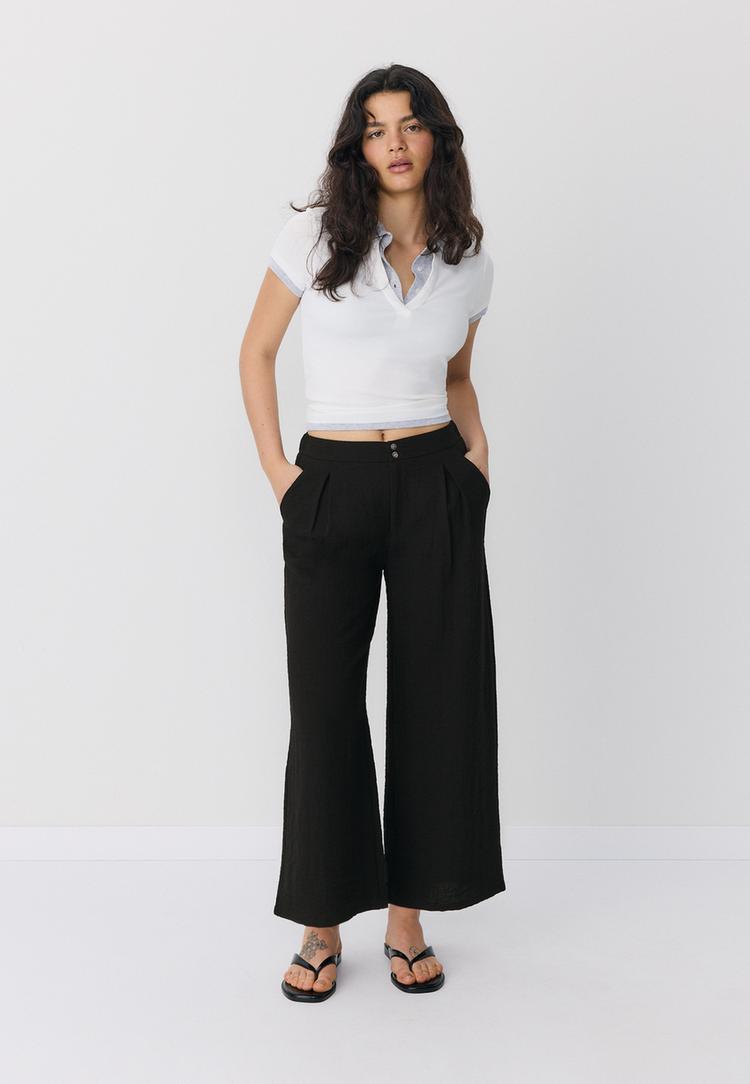 keten gorunumlu culotte pantolon