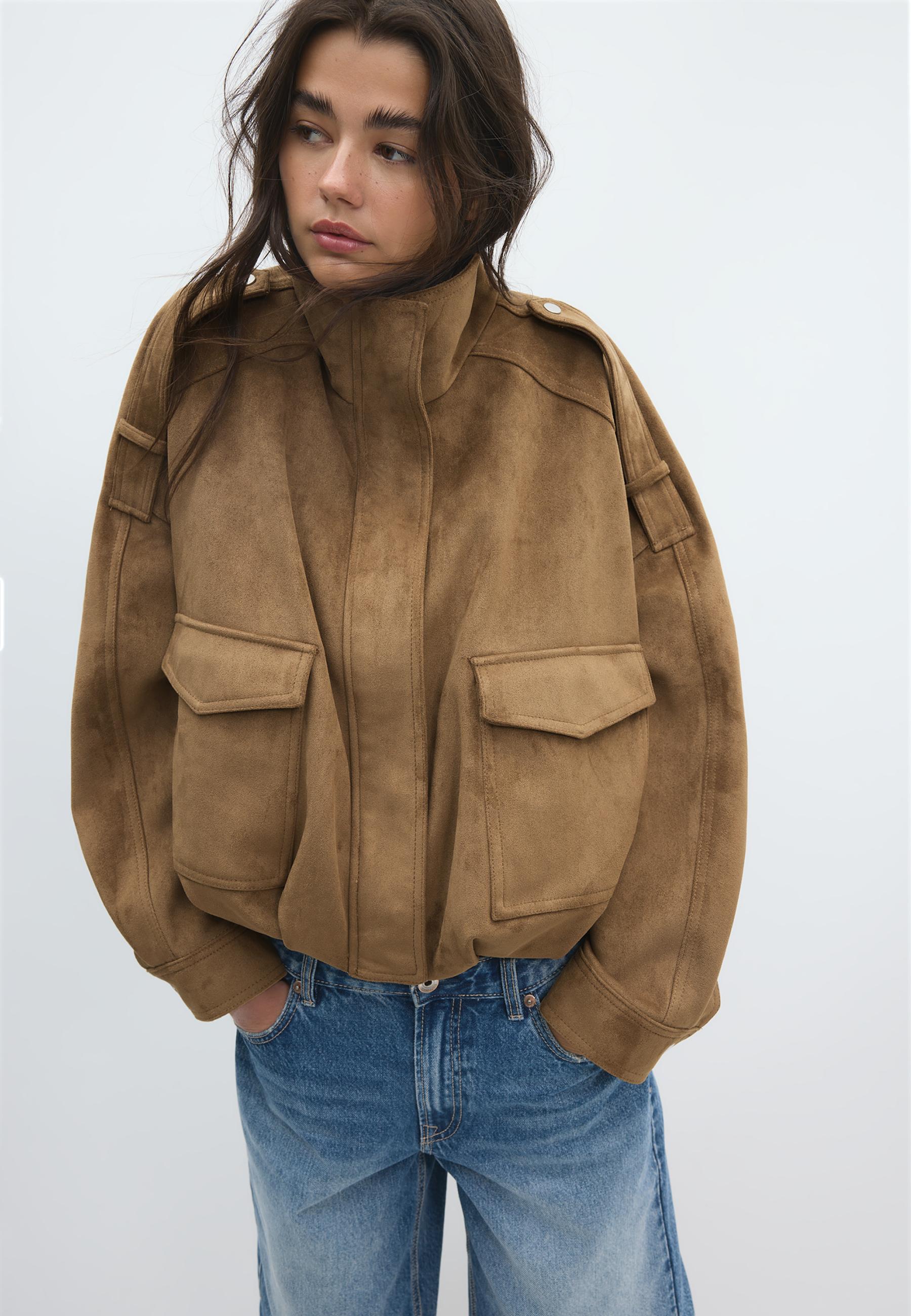 Oversize faux suede jacket — Stone