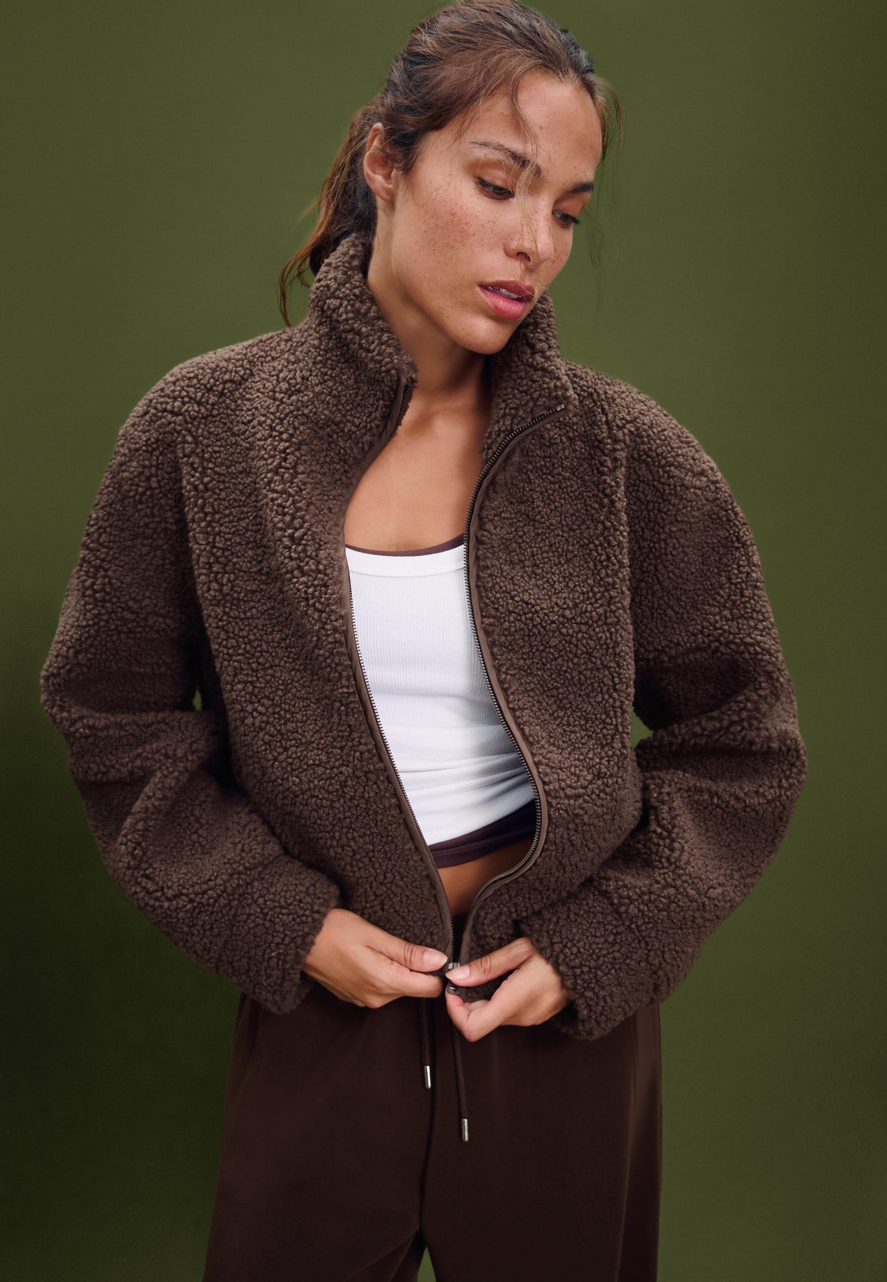 Zip-up faux shearling lined jacket — Brown