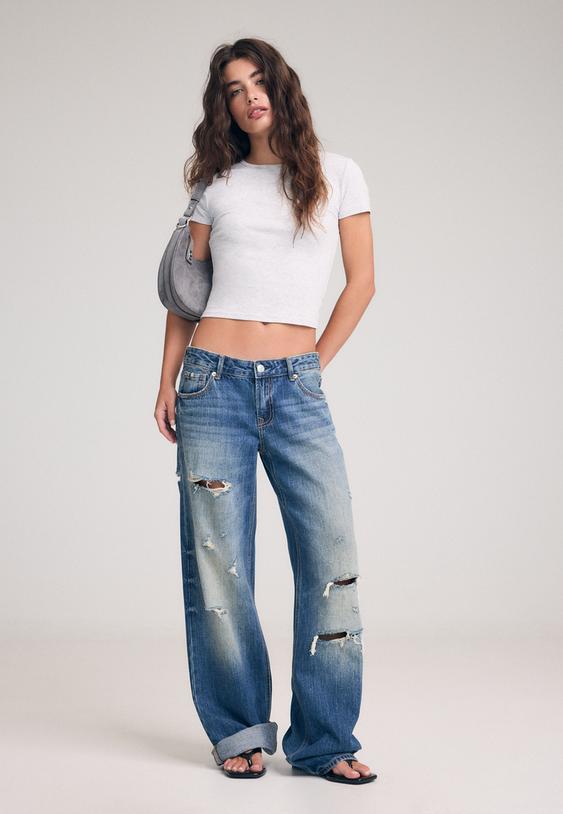 jeans straight tiro bajo rotos