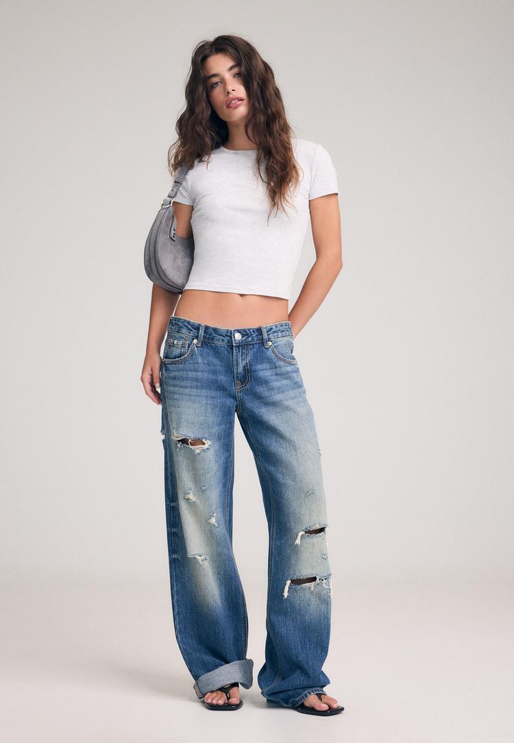 straight jeans met lage taille en scheuren