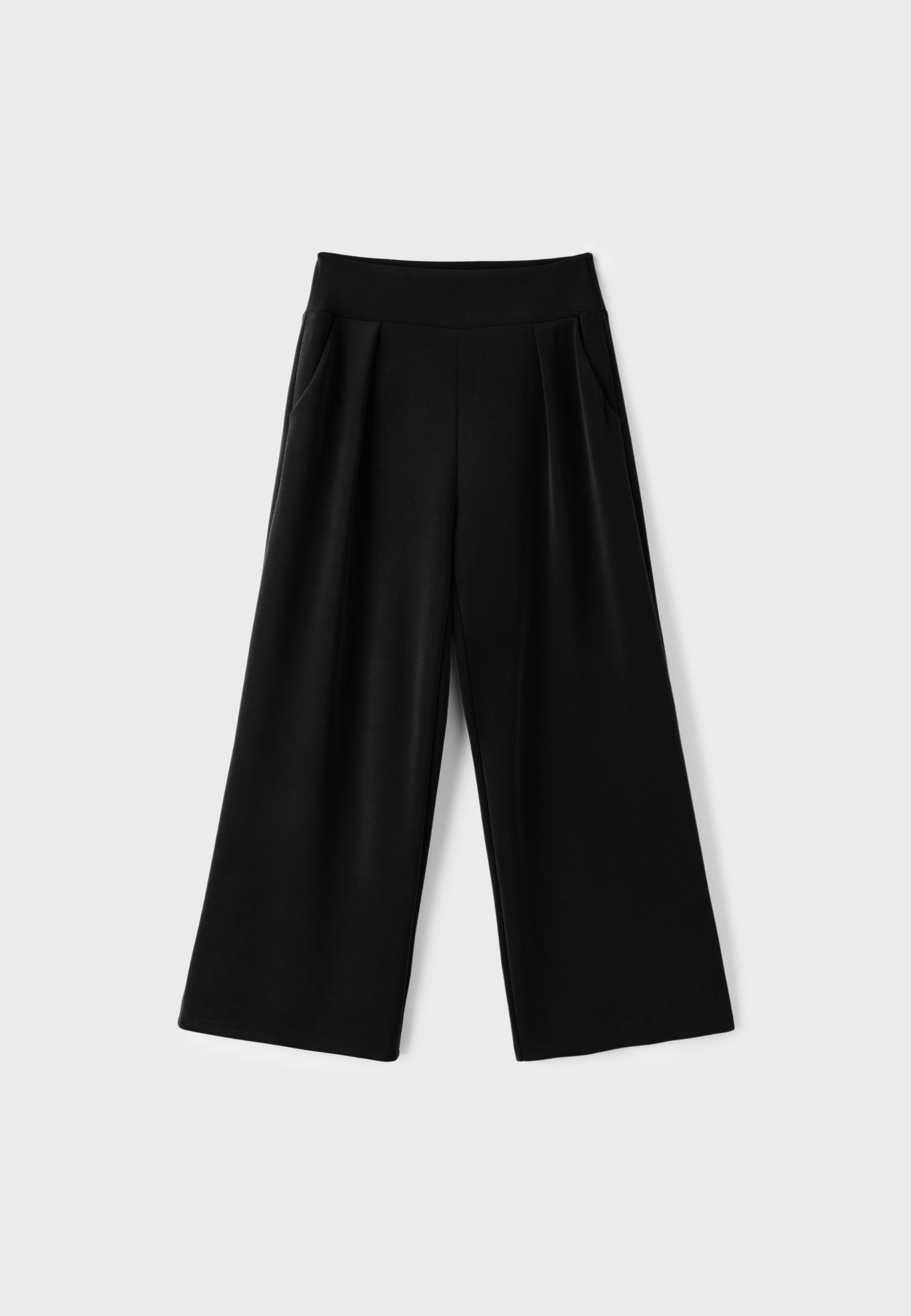 Soft-touch wide-leg trousers with darts — Black