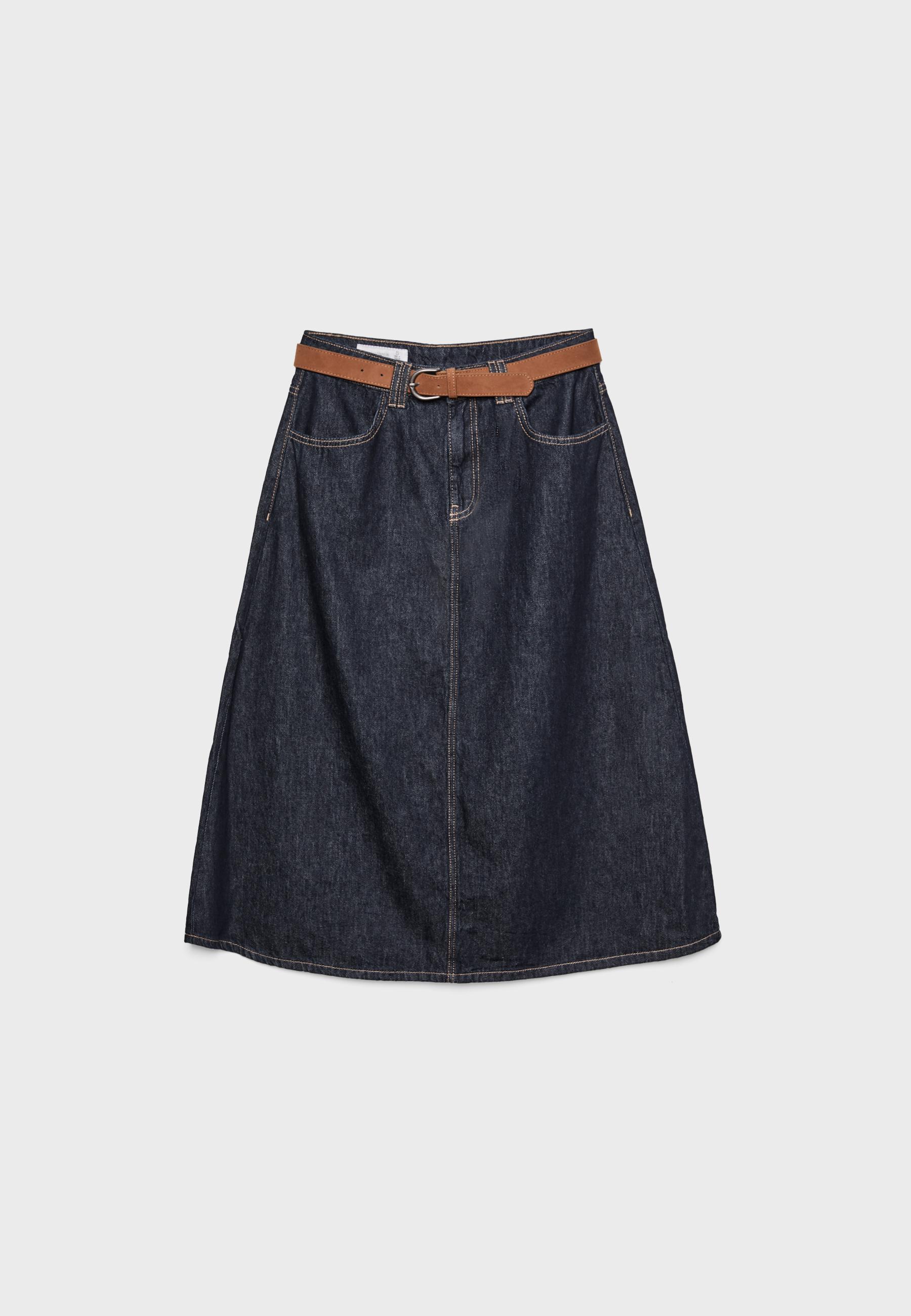 Belted denim maxi skirt - Women's fashion | Stradivarius Peru