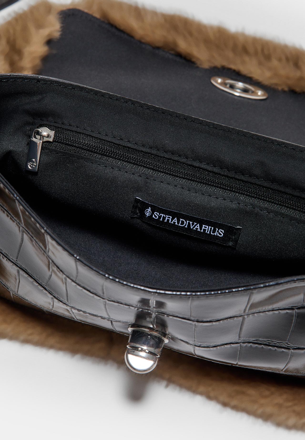 Combined mock croc and faux fur shoulder bag — Black