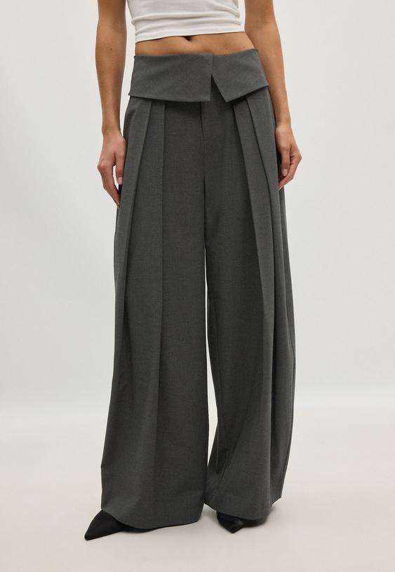 Stradivarius Folded Waistband Wide-Leg Trousers Dark Grey 14