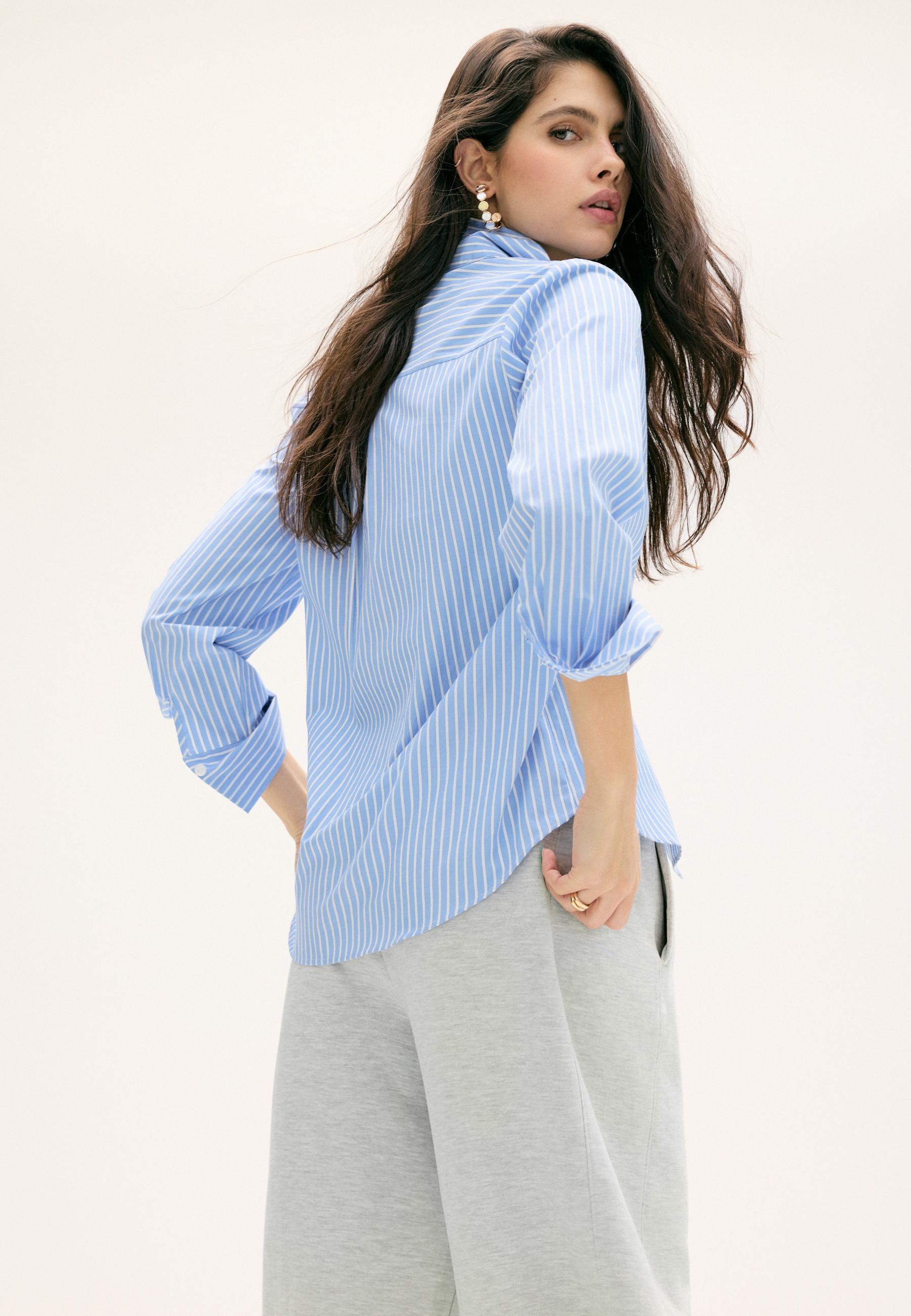 Basic striped poplin shirt with pocket — Denim blue