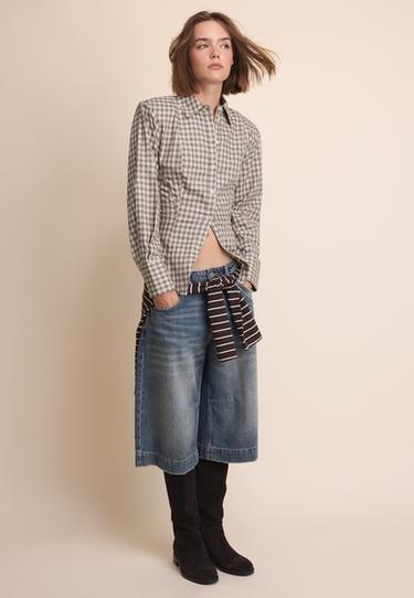 Check shirt with padded shoulders — Beige 2