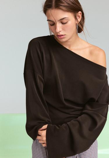 Asymmetric soft-touch ruched sweatshirt — Brown 3