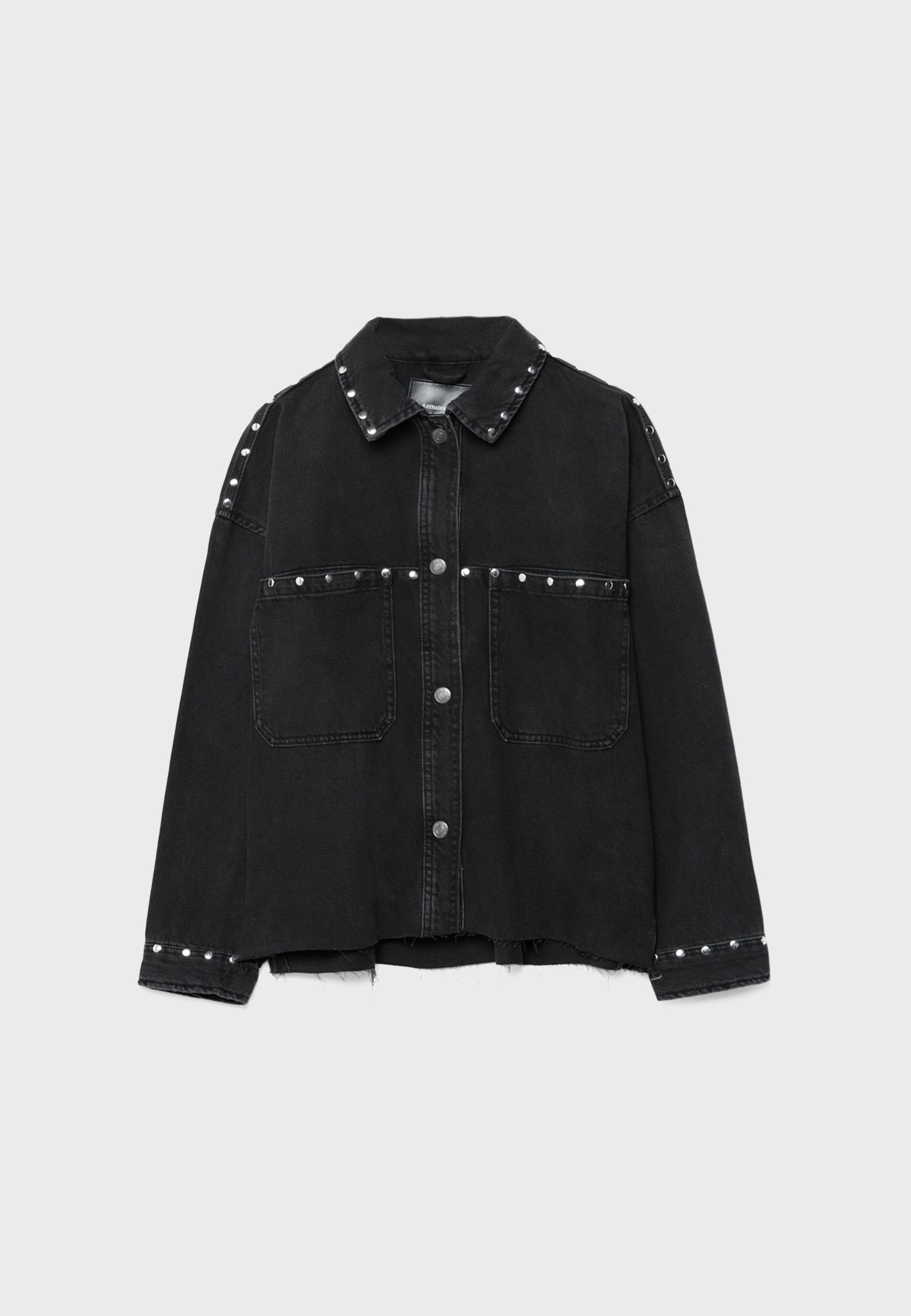 Cropped studded denim overshirt — BLACK DENIM WASH