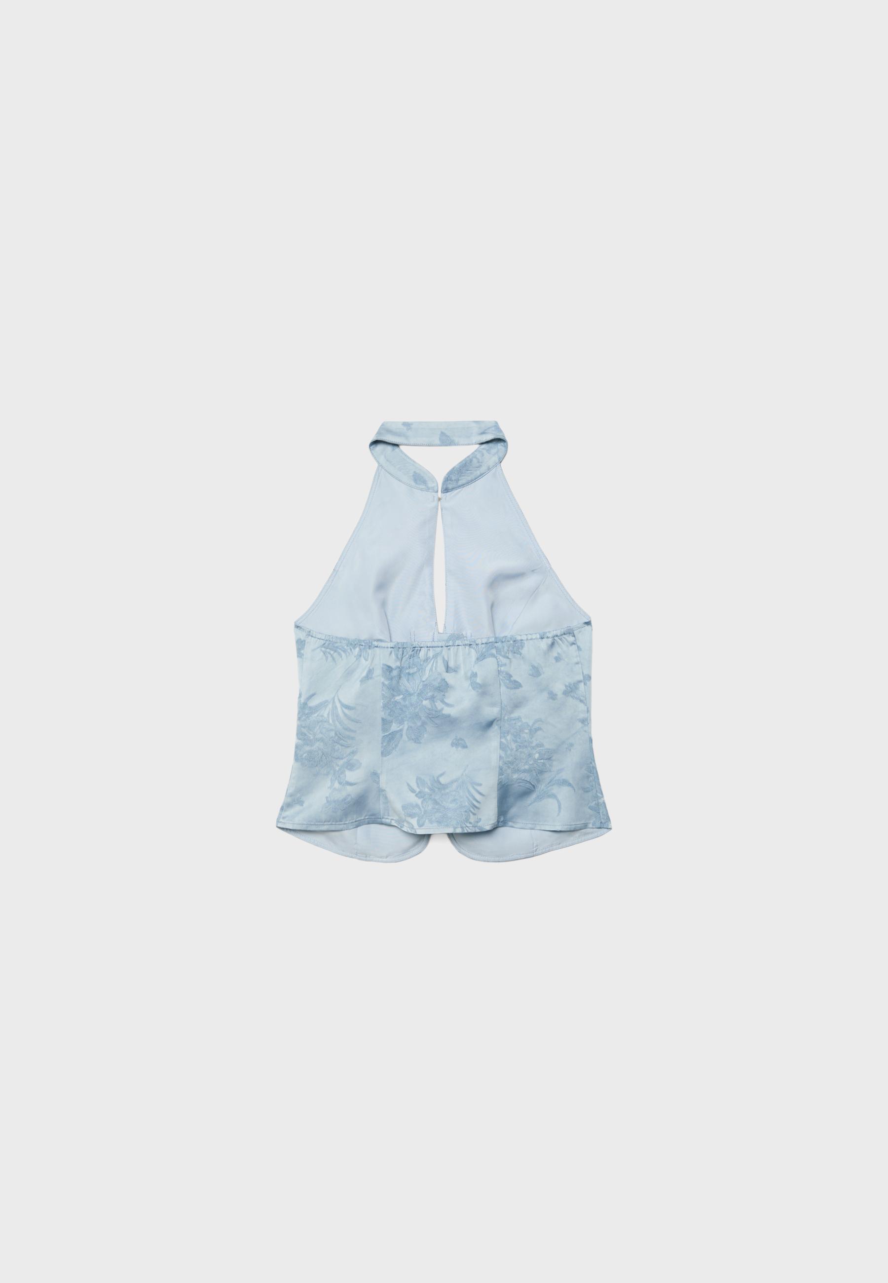 Embroidered sateen qipao top — Sky blue