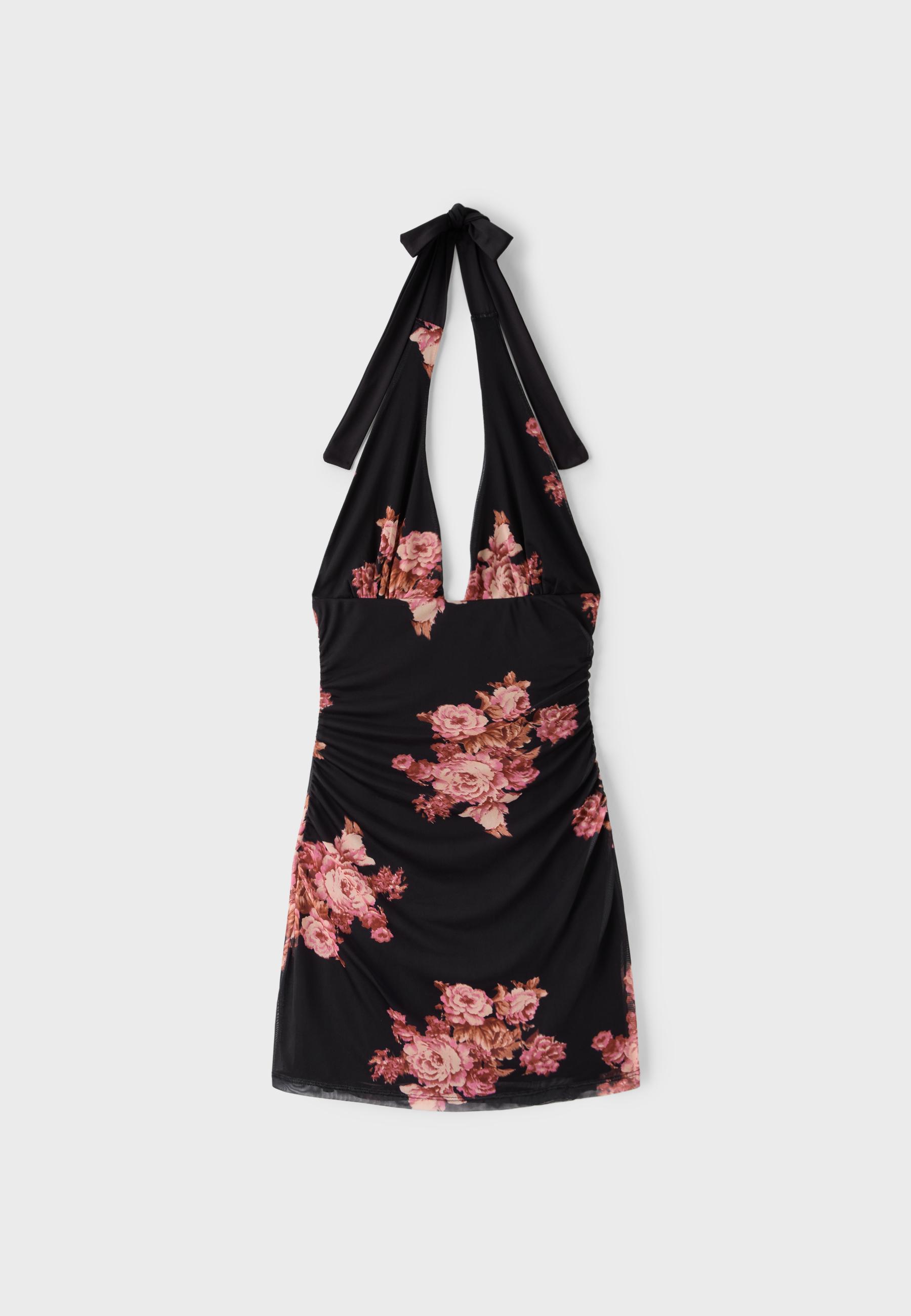 Floral print fitted tulle short dress — Black