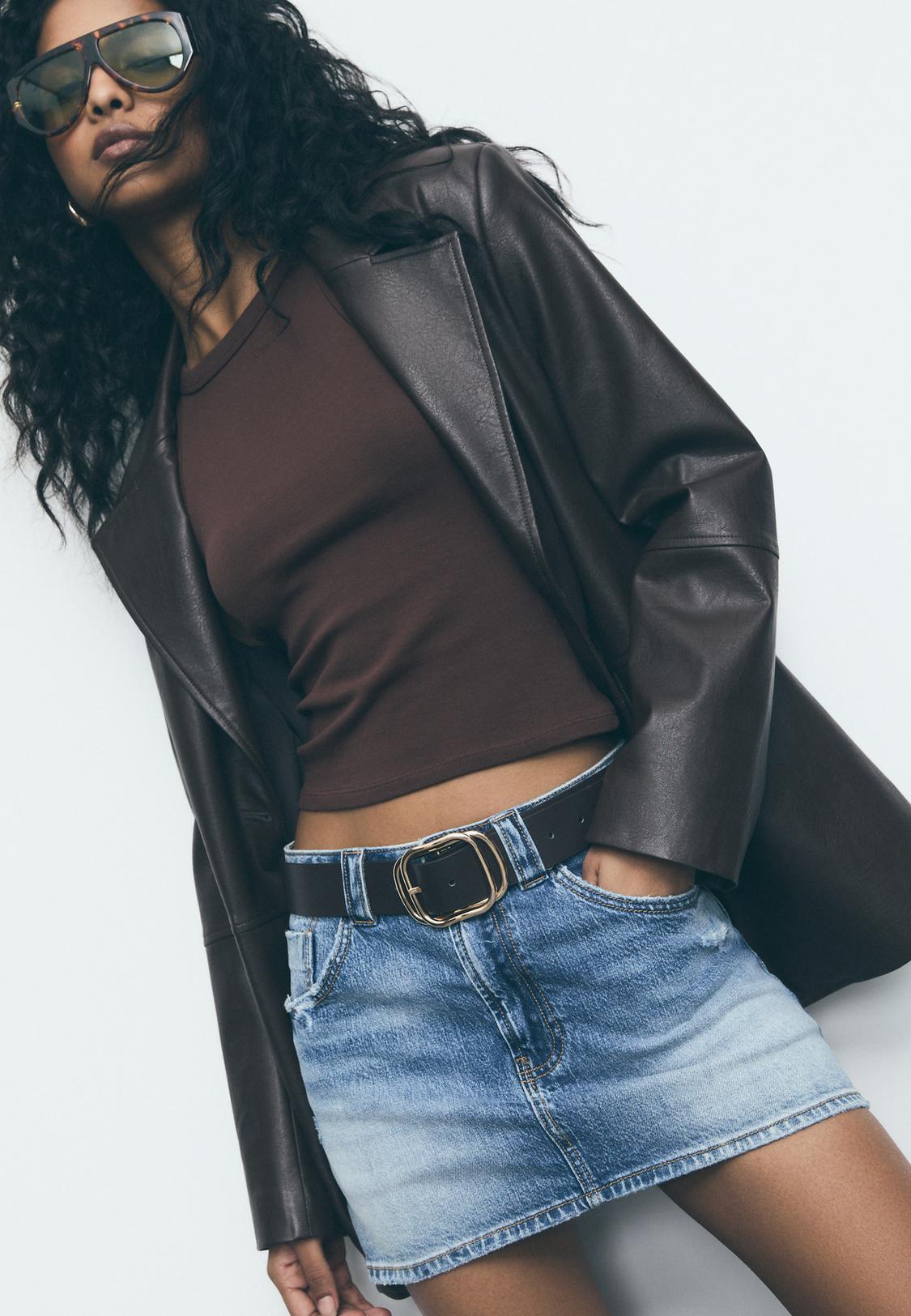 Leather Bodycon Skirt Jean Jacket D62 Denim Skort Women's Fashion