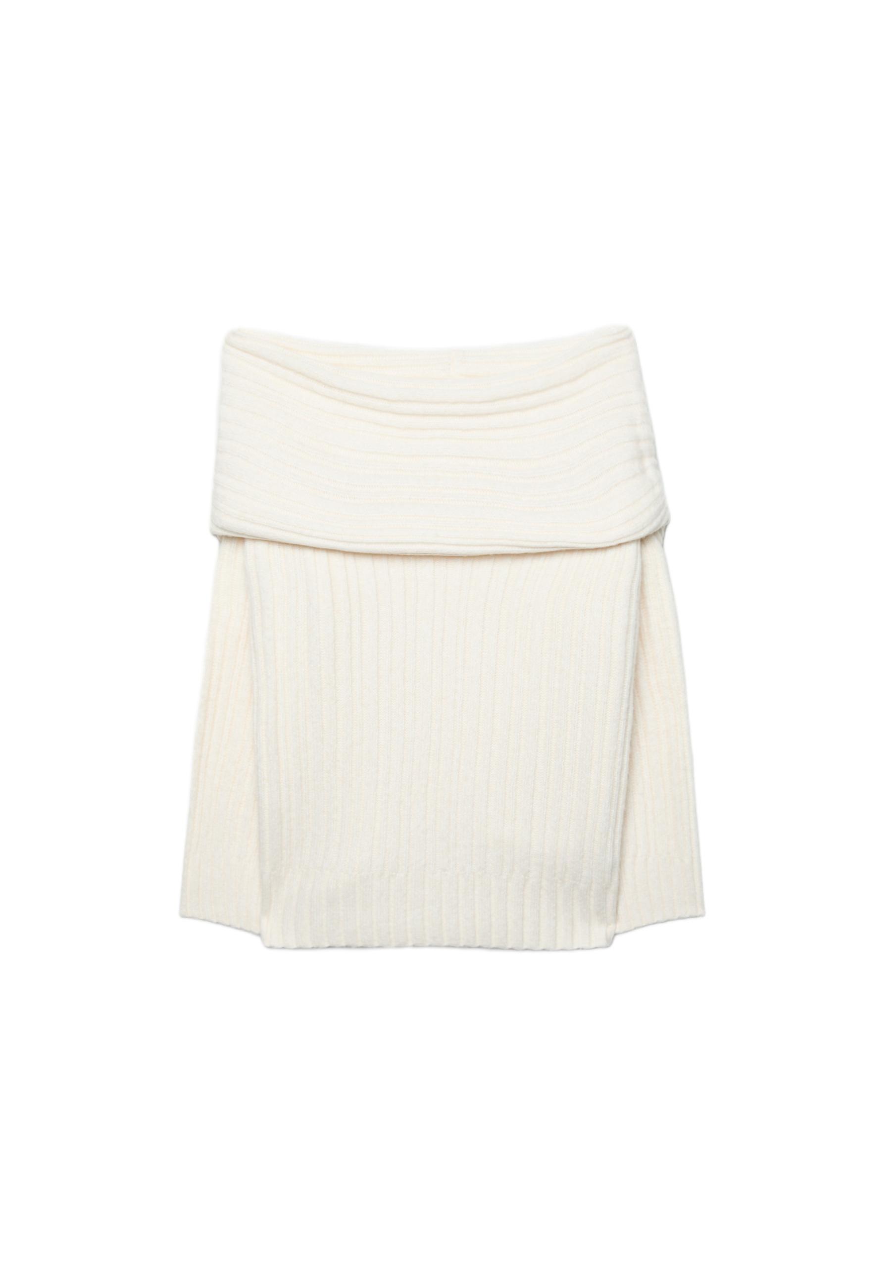 Asymmetric exposed shoulder knit sweater — Ecru