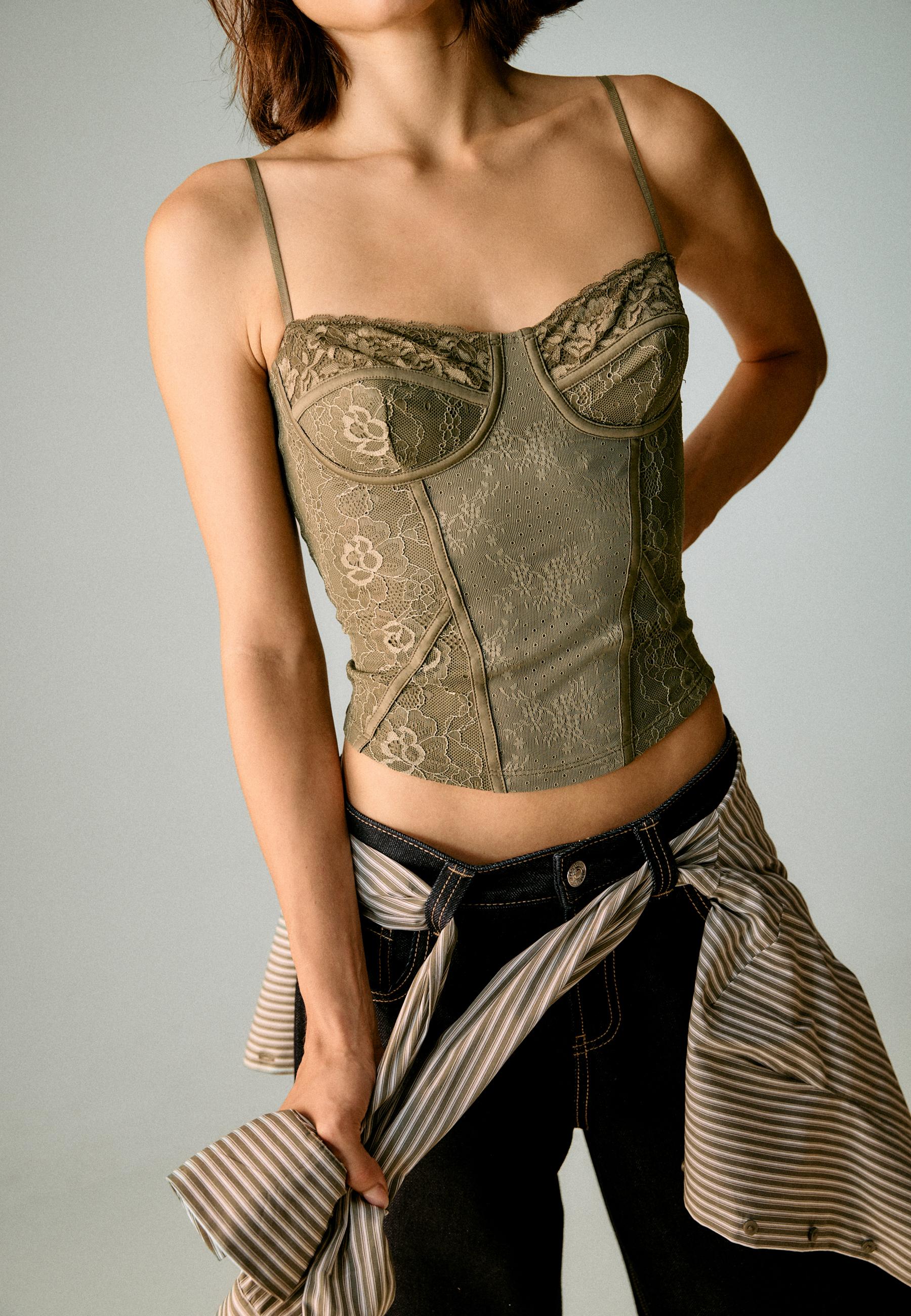 Lace corsetry-inspired top — Khaki