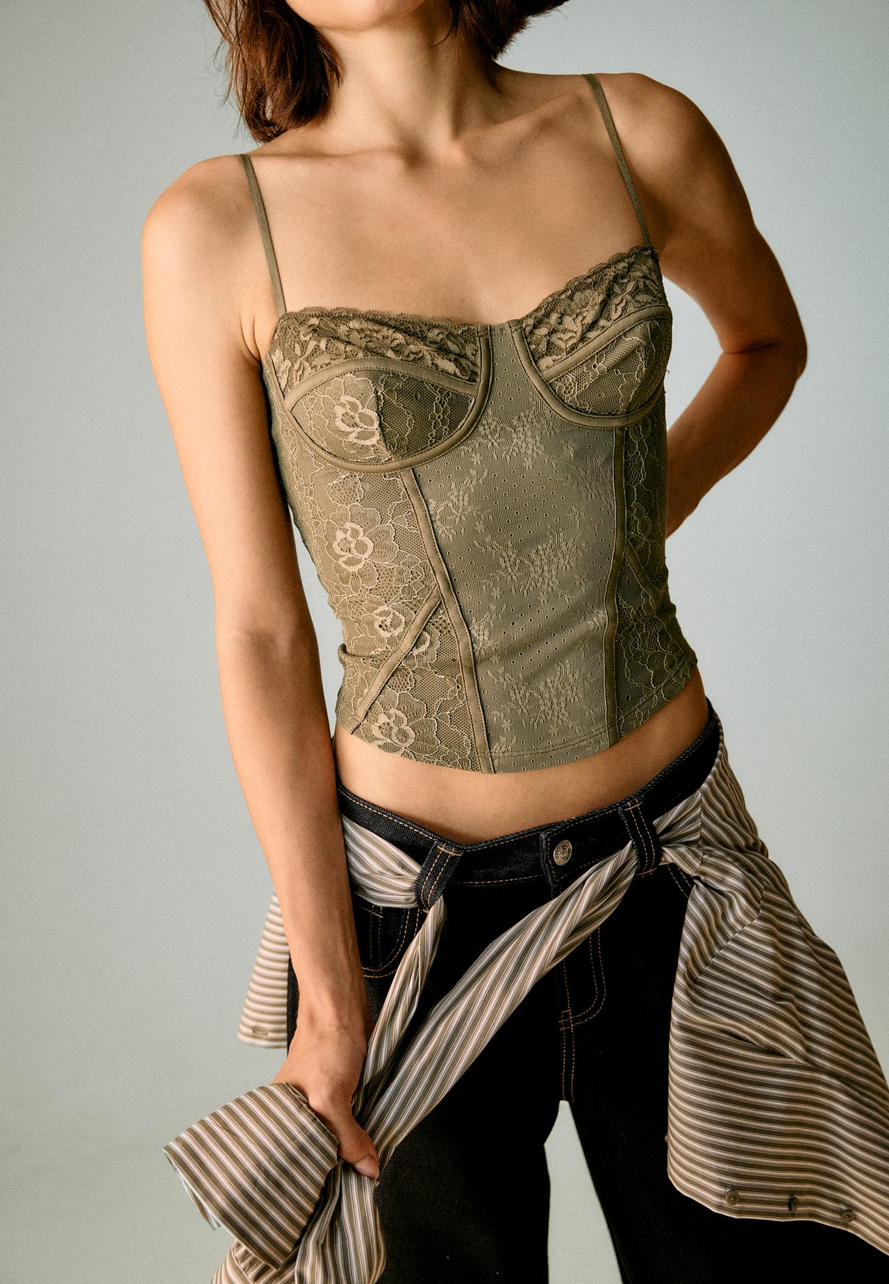 Corsetry-inspired lace top — Khaki