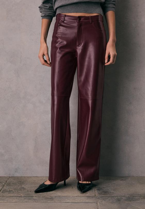 straight leg textured leather effect trousers