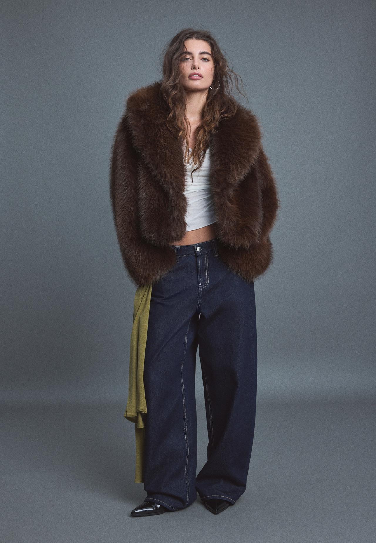 Faux fur shawl neck jacket — Brown