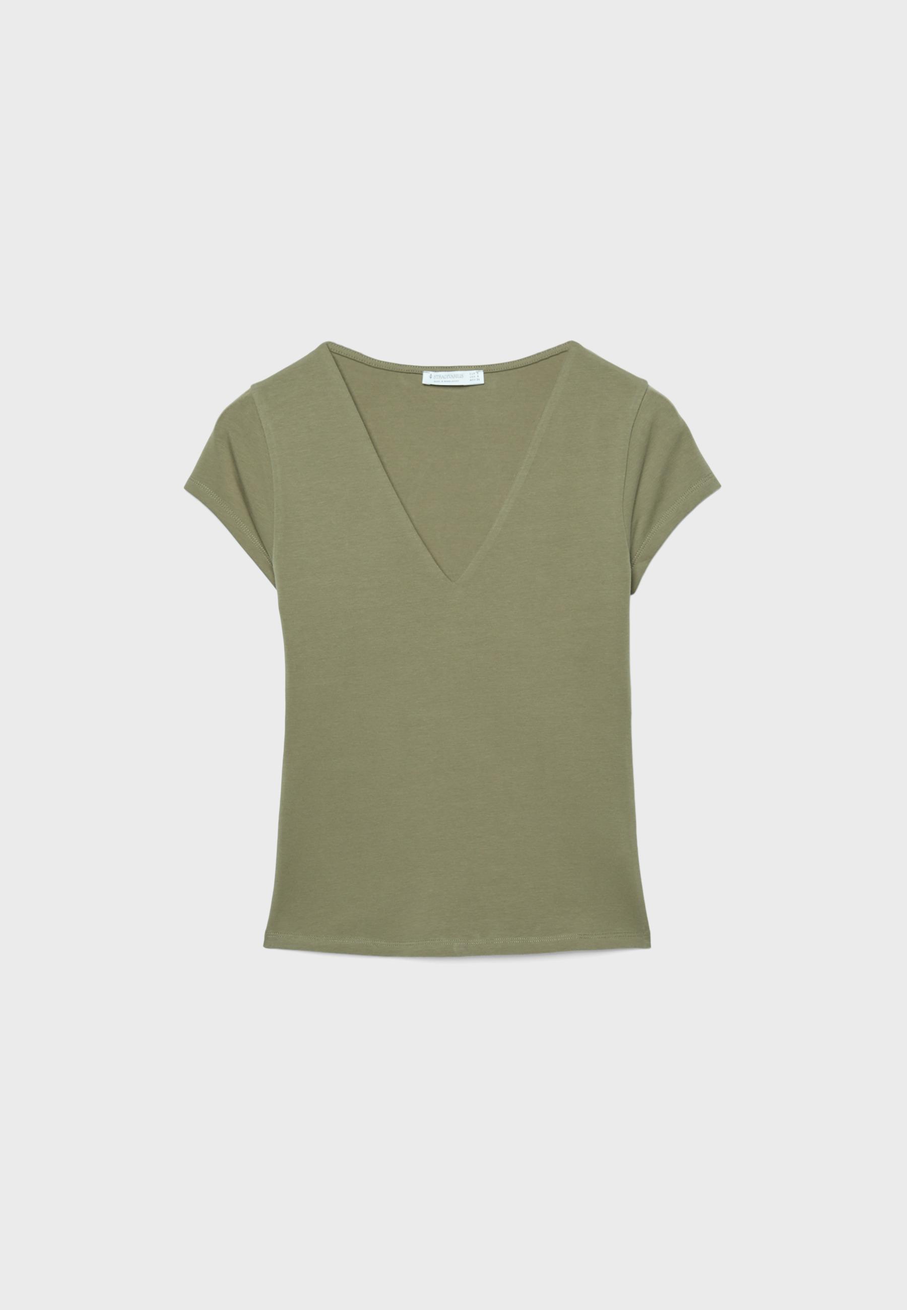 V-neck short sleeve T-shirt — Olive green