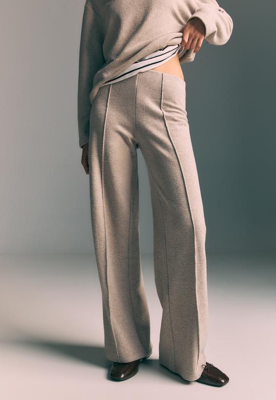 Stradivarius Knit Trousers With Seam Detail Beige Melange Xl