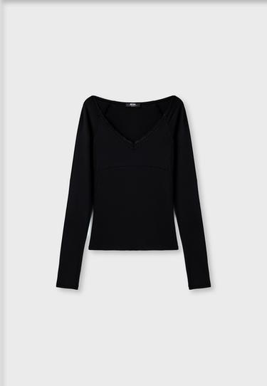 Lace long sleeve under-bust T-shirt — Black 7