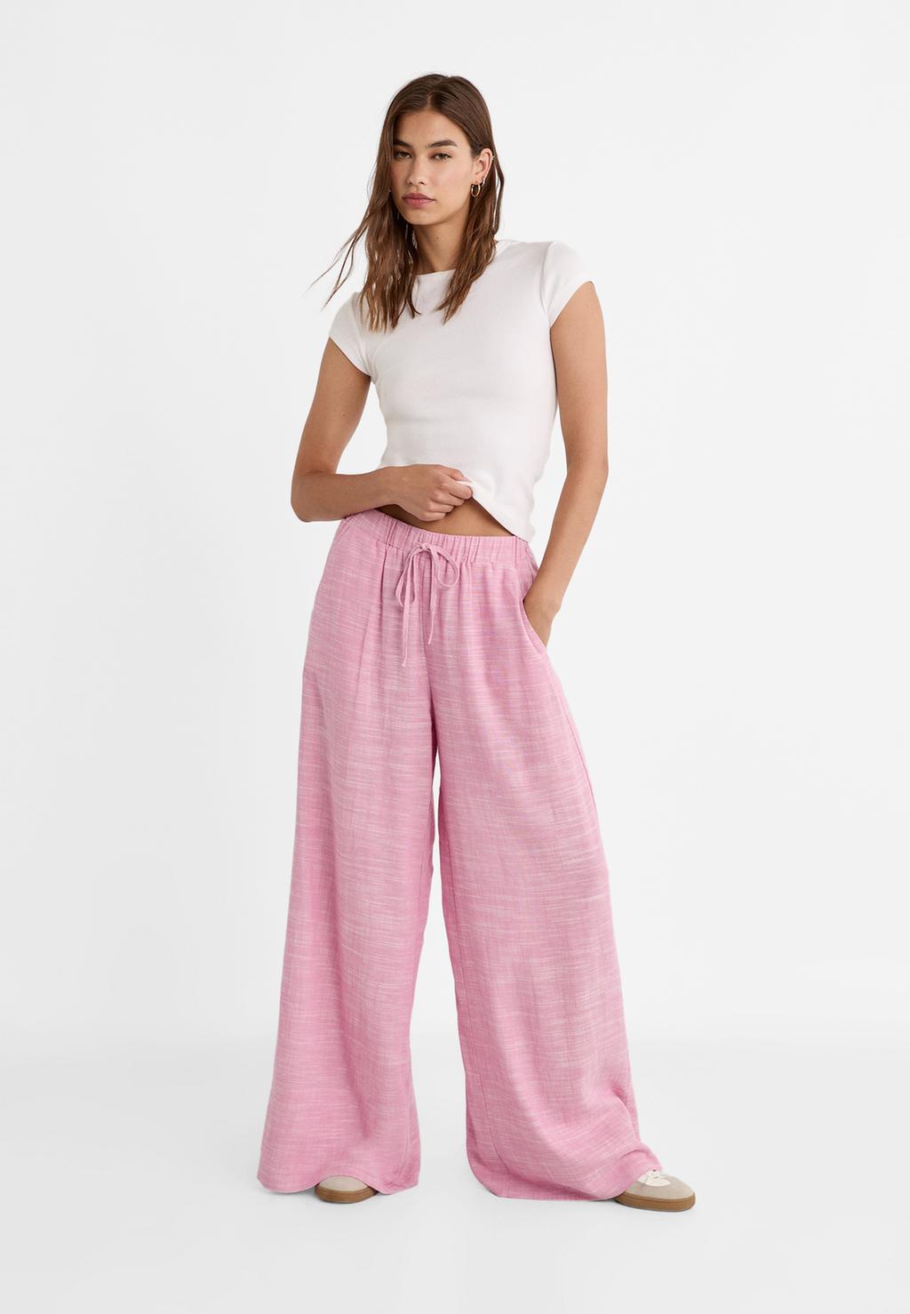 Wide-leg linen blend trousers with elastic waistband