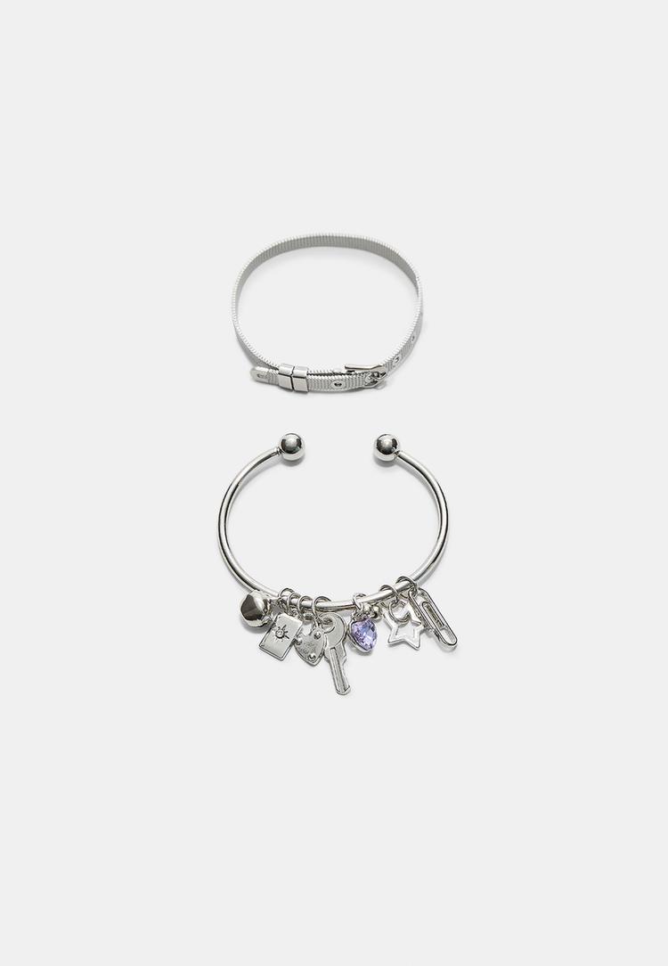 Stradivarius Σετ 2 Βραχιόλια Multi Charm Γκρι Os