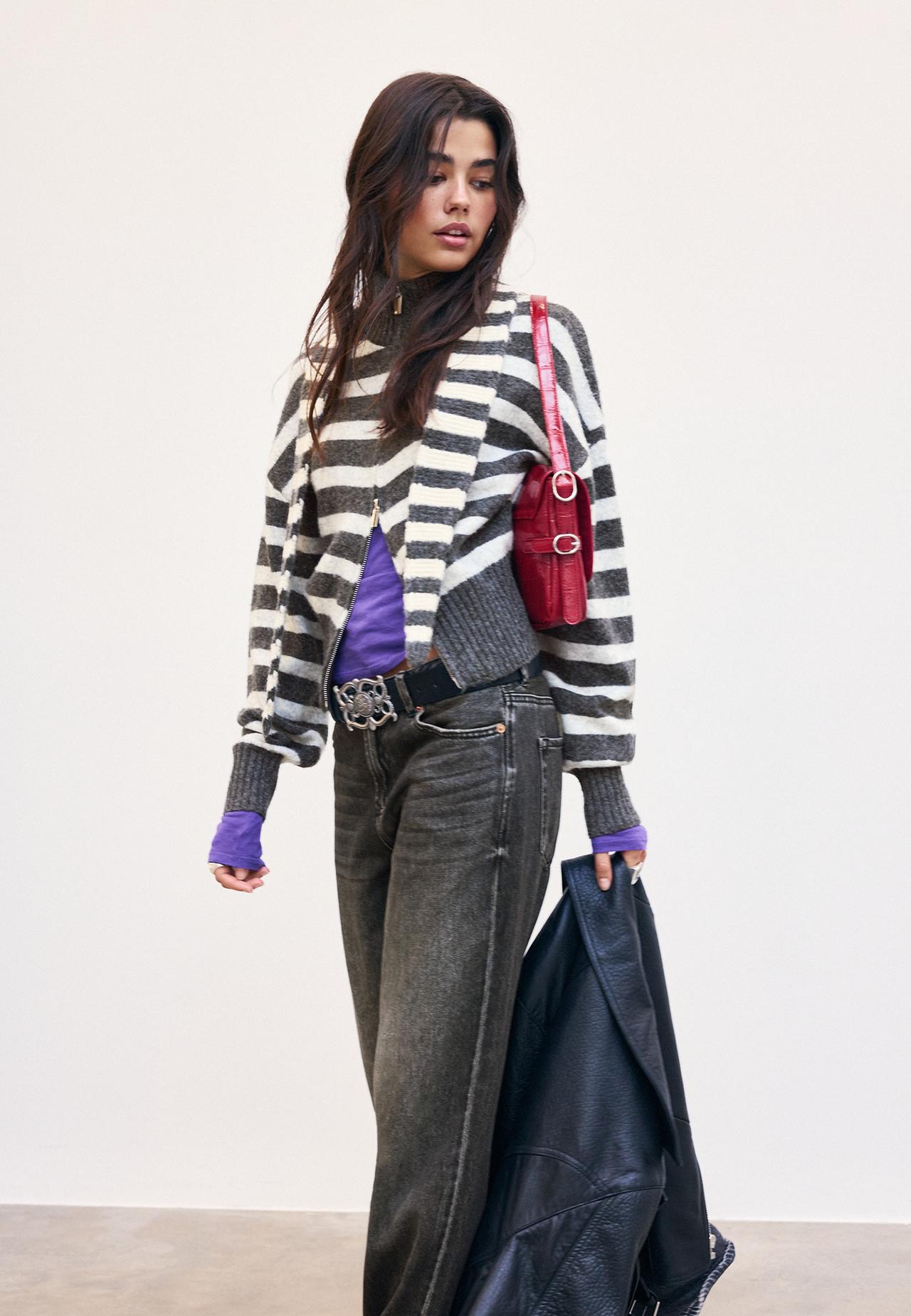 Striped zip-up knit cardigan — Dark grey