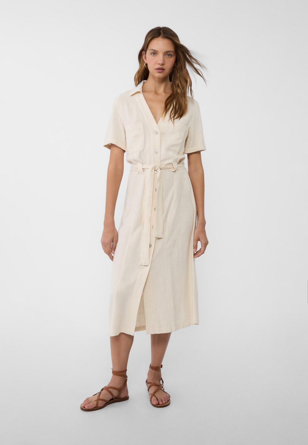 Linen blend midi shirt dress