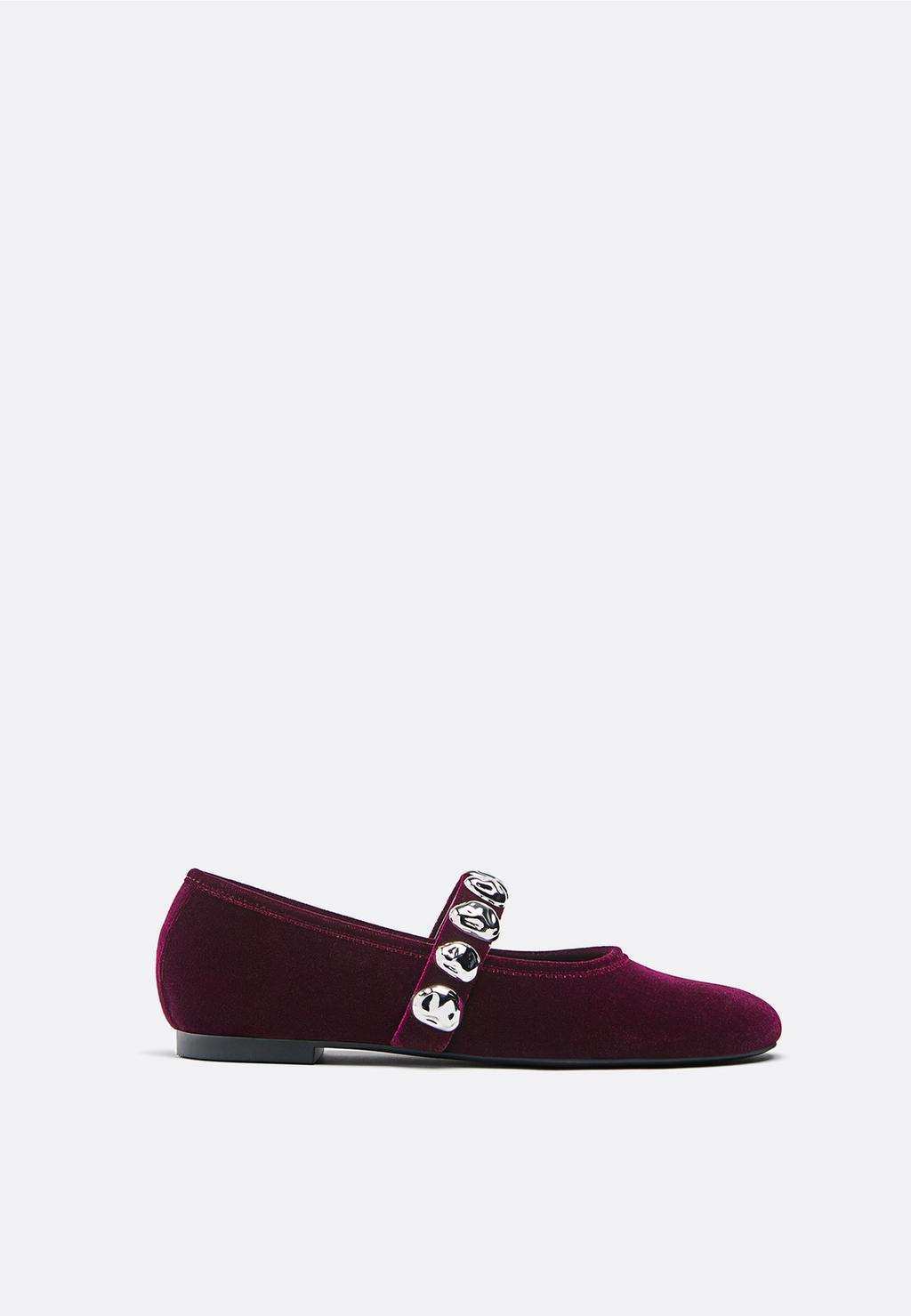 Velvet-effect ballet flats with studs