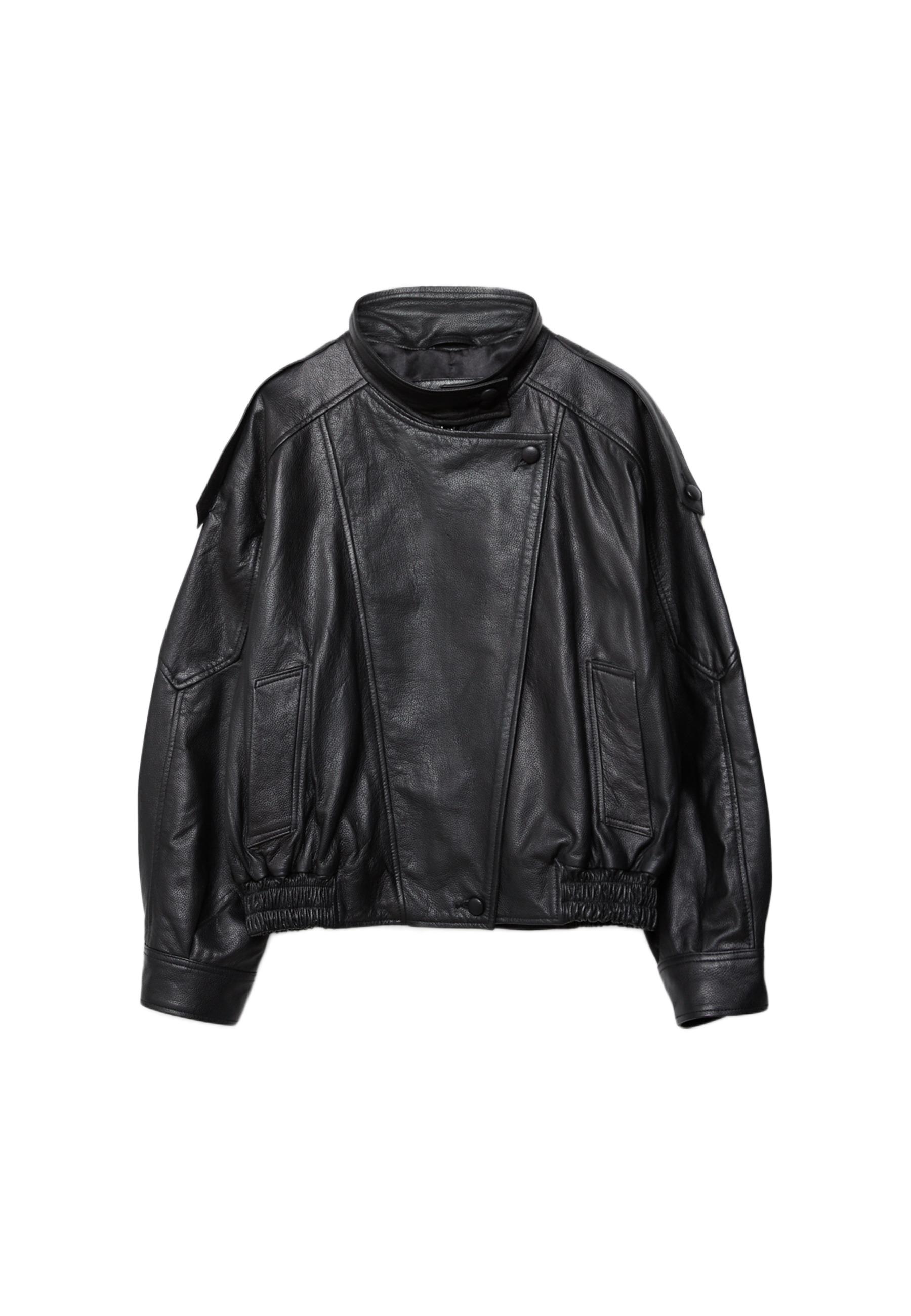 Oversize 100% leather flap jacket — Black