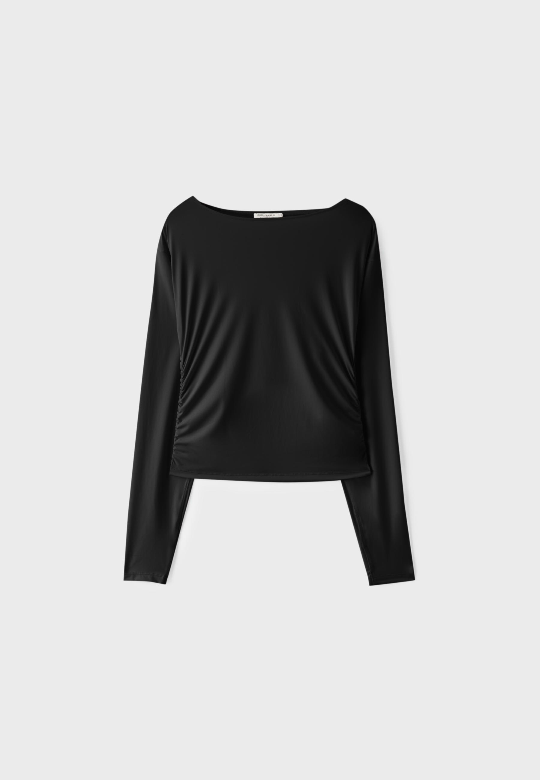 Long sleeve gathered polyamide T-shirt — Black