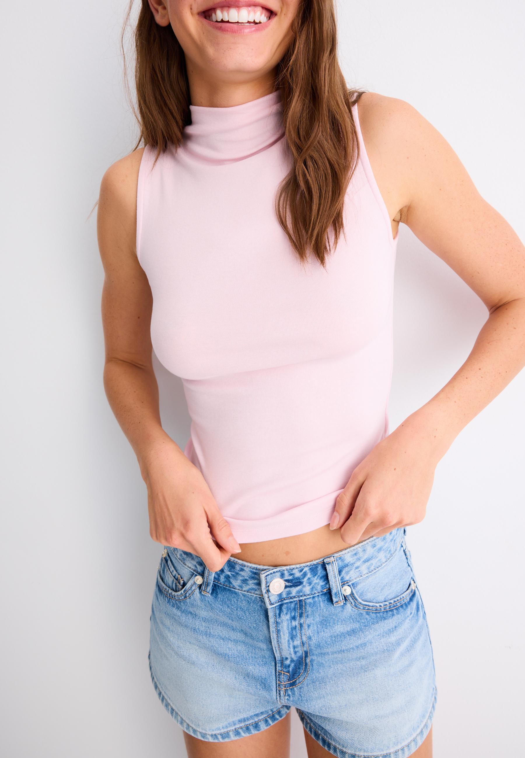 Sleeveless funnel neck T-shirt — Salmon pink