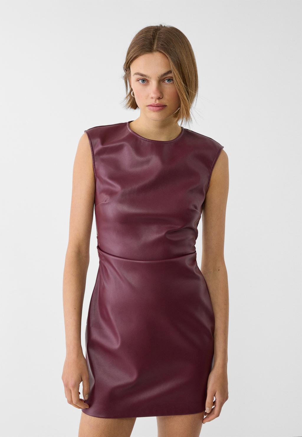 Short leather effect dress with cap sleeves