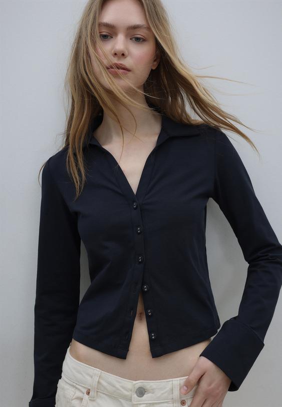 Stradivarius Knit Button-Up Shirt Navy Blue S