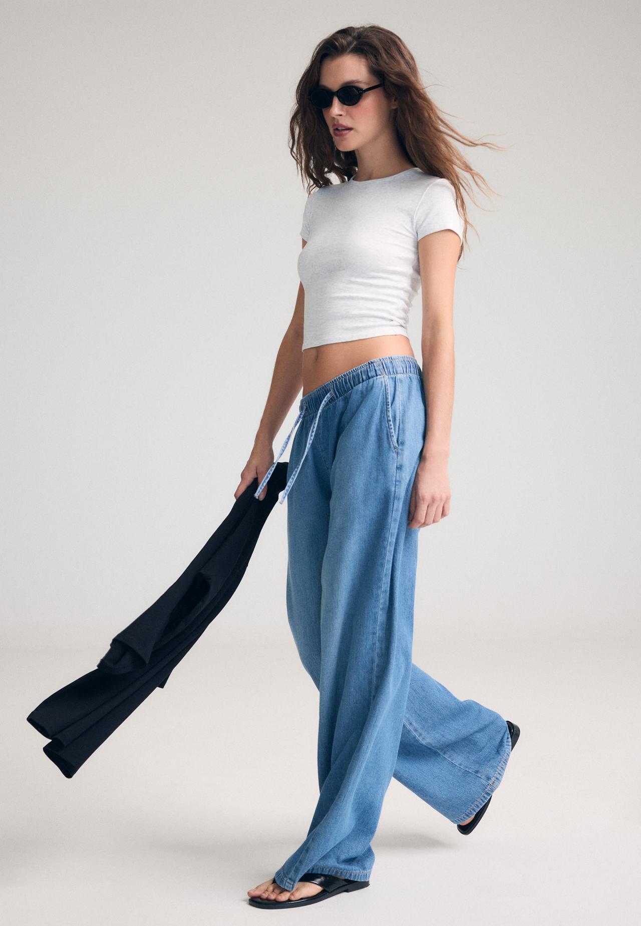 Drawstring flowing denim trousers — MEDIUM BLUE DENIM