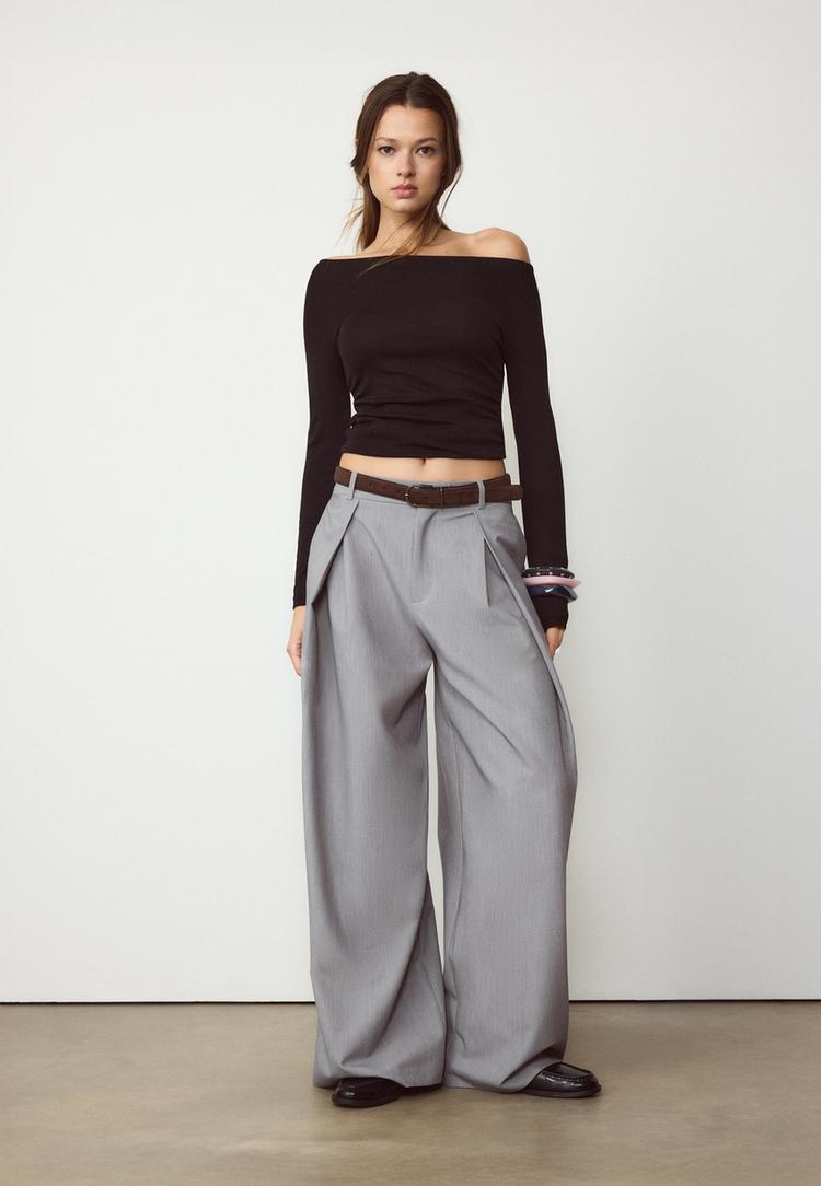 Stradivarius Tricou Cu Mânecă Lungă Și Încrețituri Negru Xs