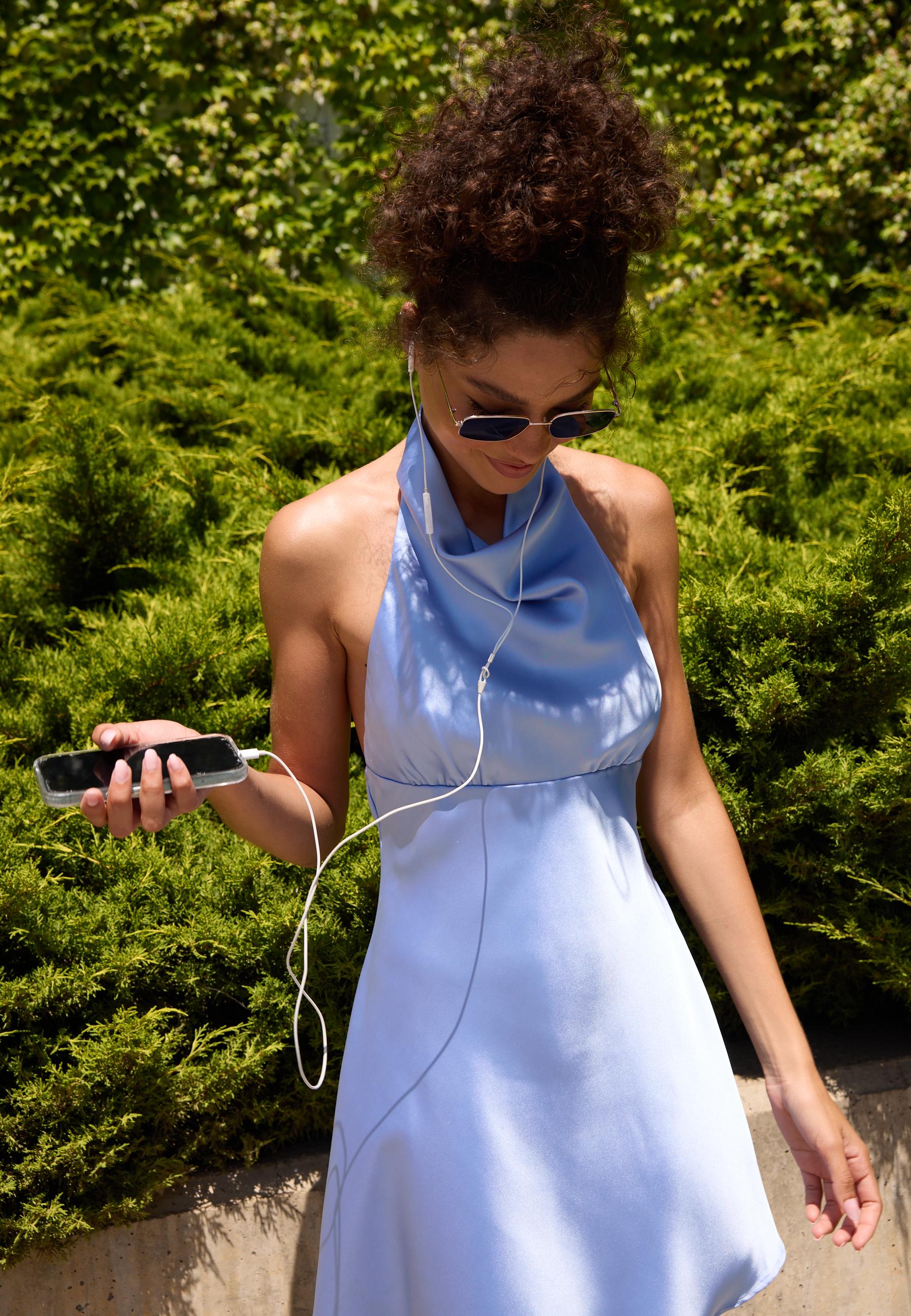 Short satin halterneck dress — Sky blue
