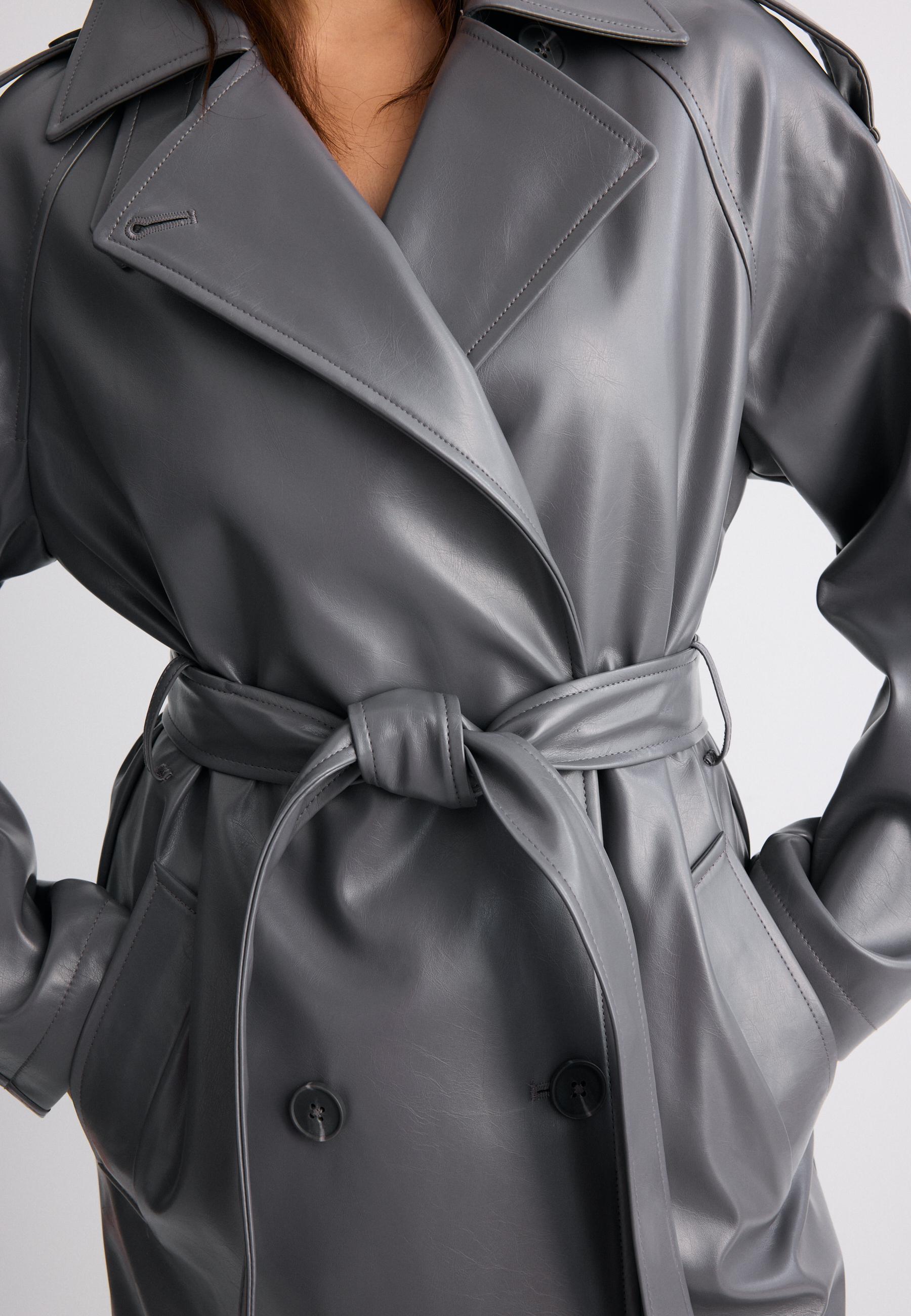 Long leather effect trench coat — Dark grey
