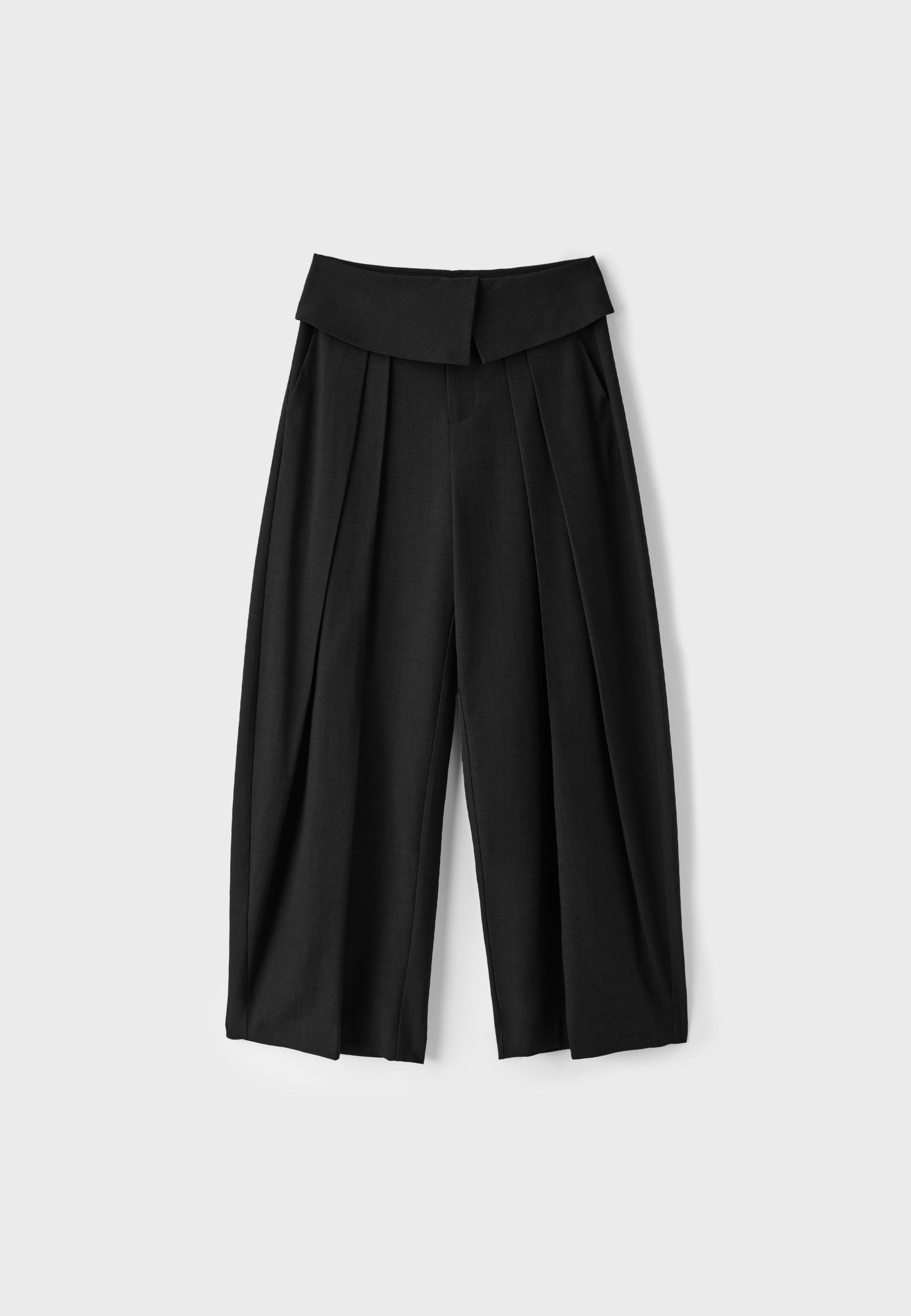 Wide-leg turn-up waistband trousers — Black