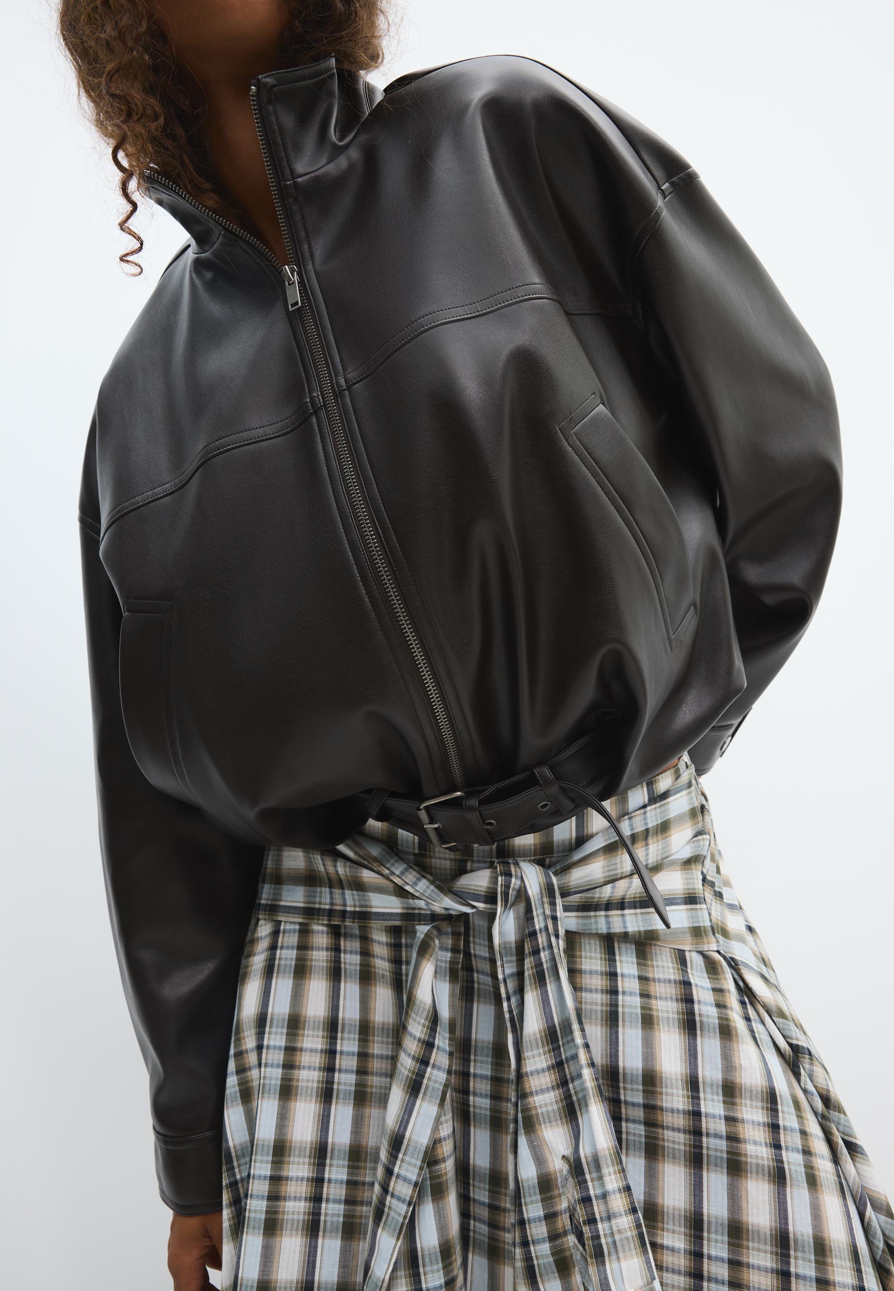 Leather effect belted bomber jacket — Brown