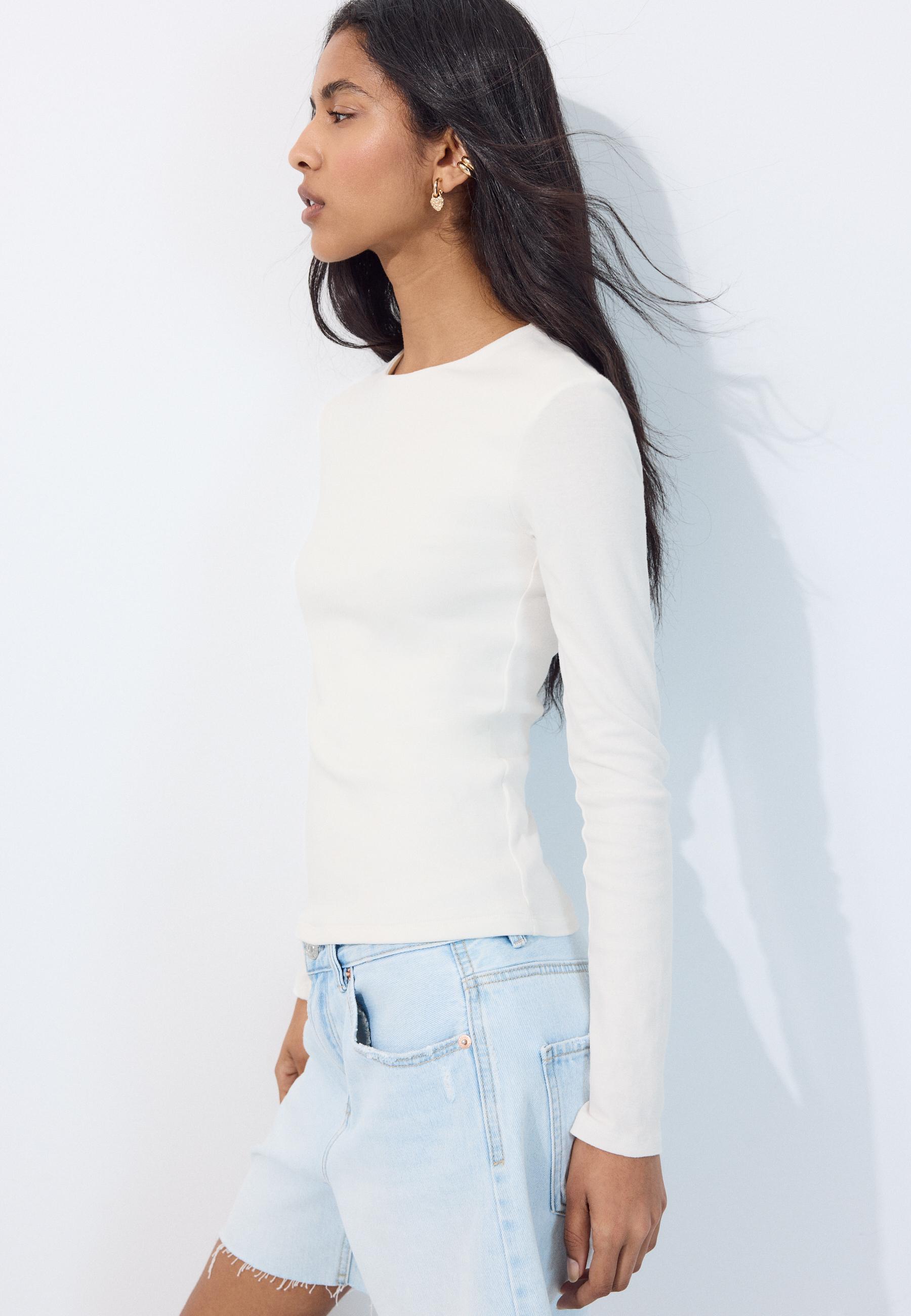 Stradivarius Μακρυμάνικη Μπλούζα Basic Εκρού Xl