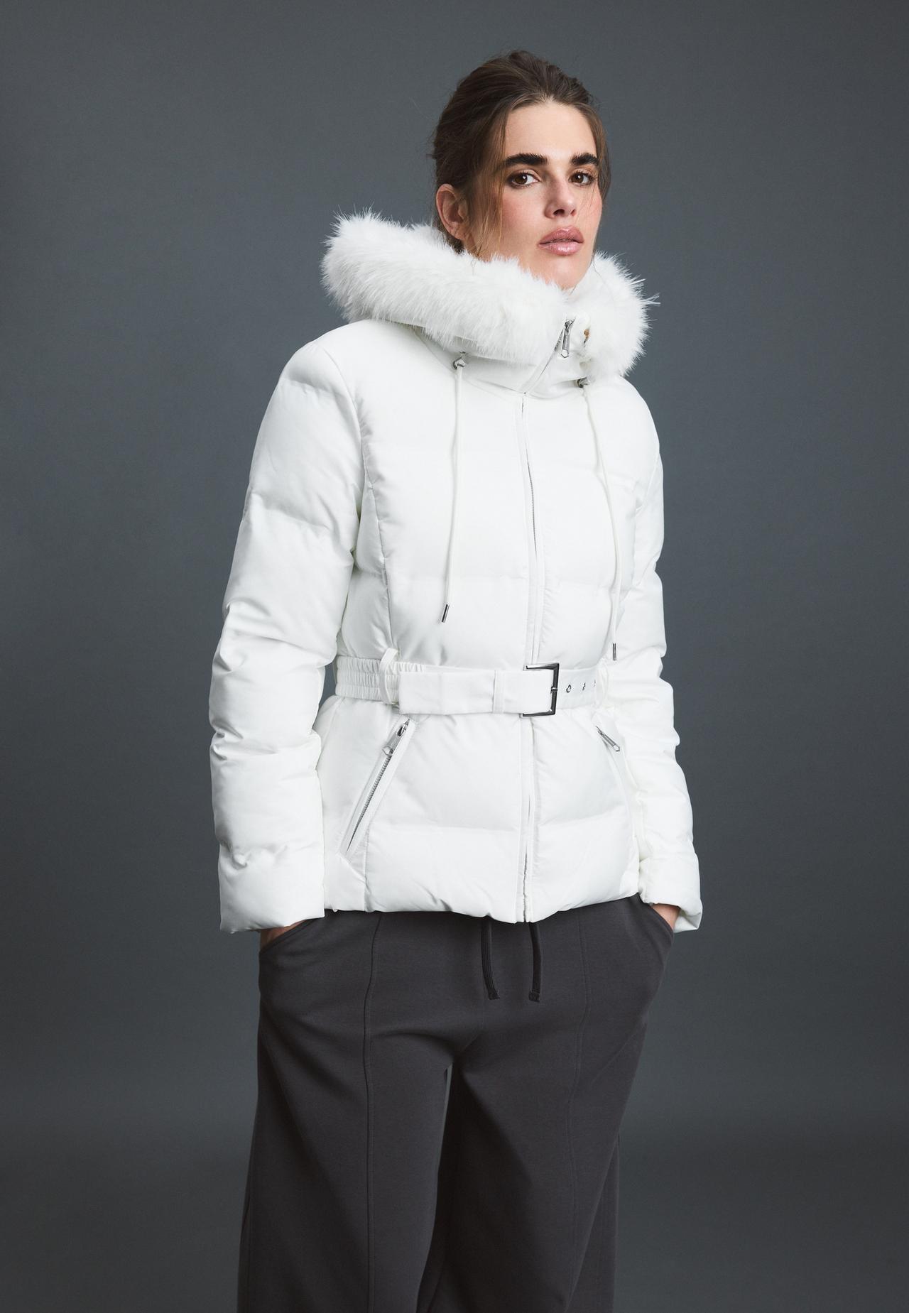 Belted hooded padded jacket — Ecru