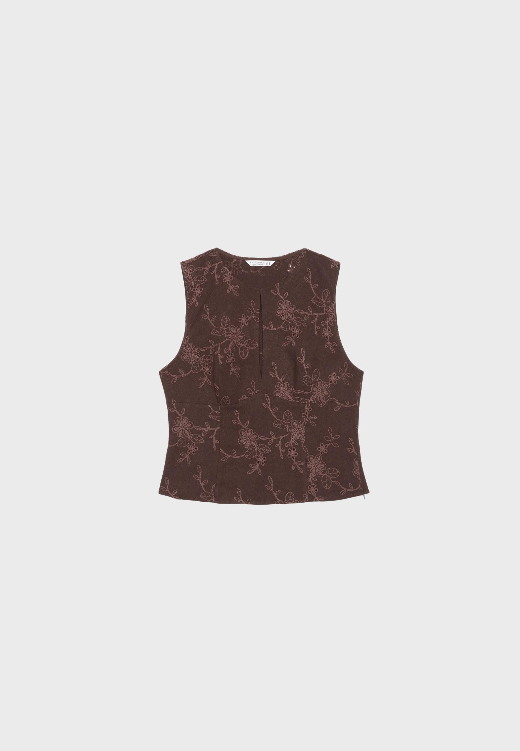 Embroidered fitted sleeveless top — Brown