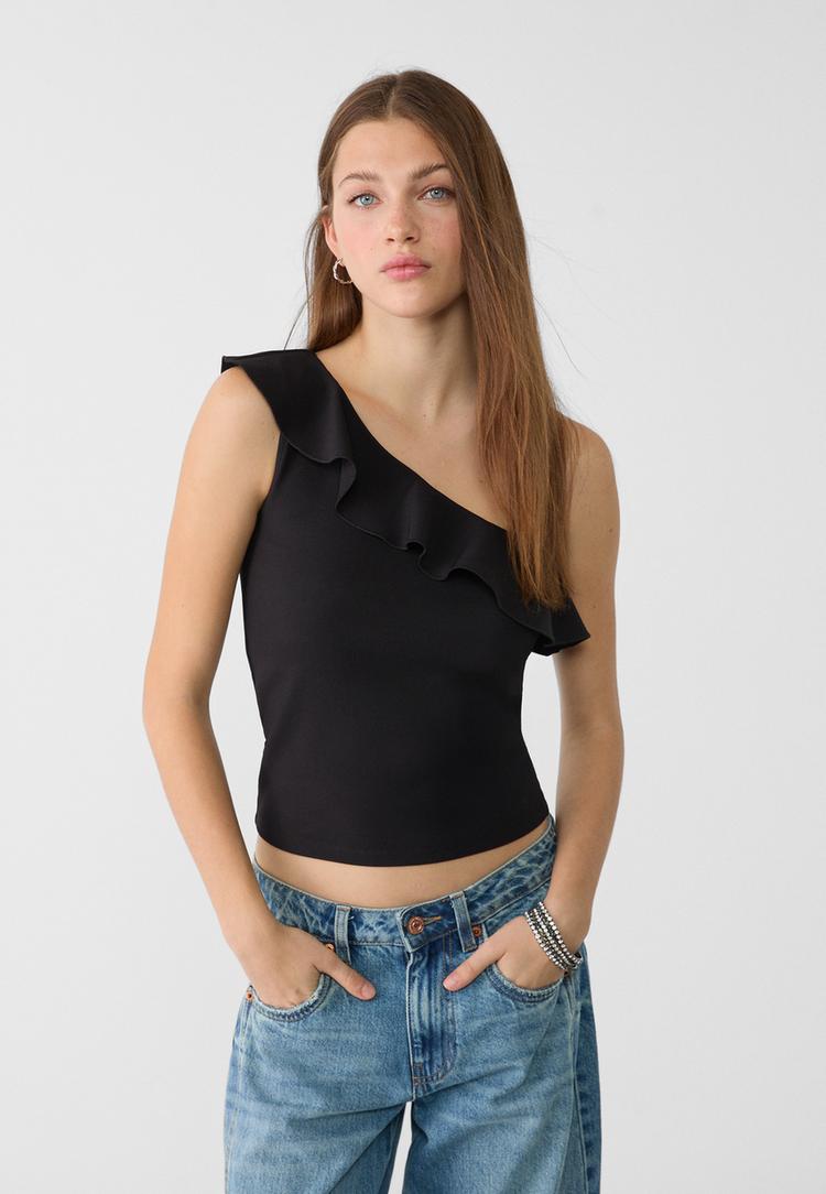 Asymmetrisches T-Shirt mit Volant Schwarz M