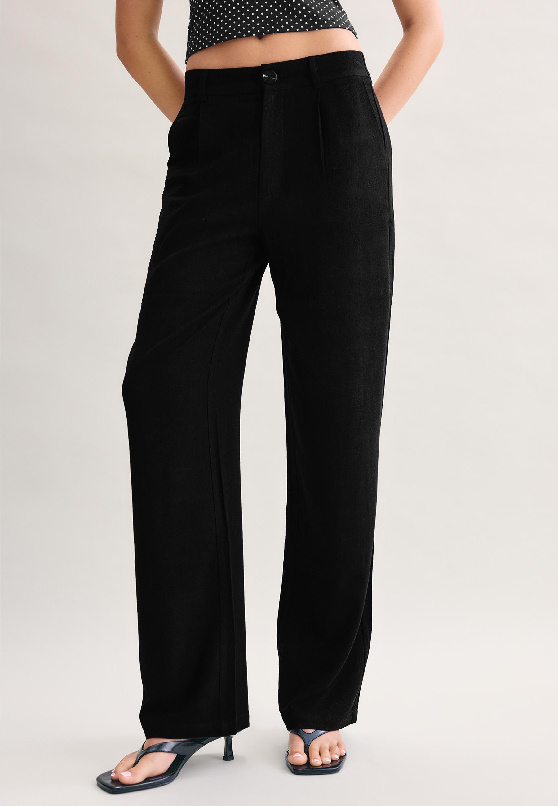 Straight-leg linen-effect trousers — Black